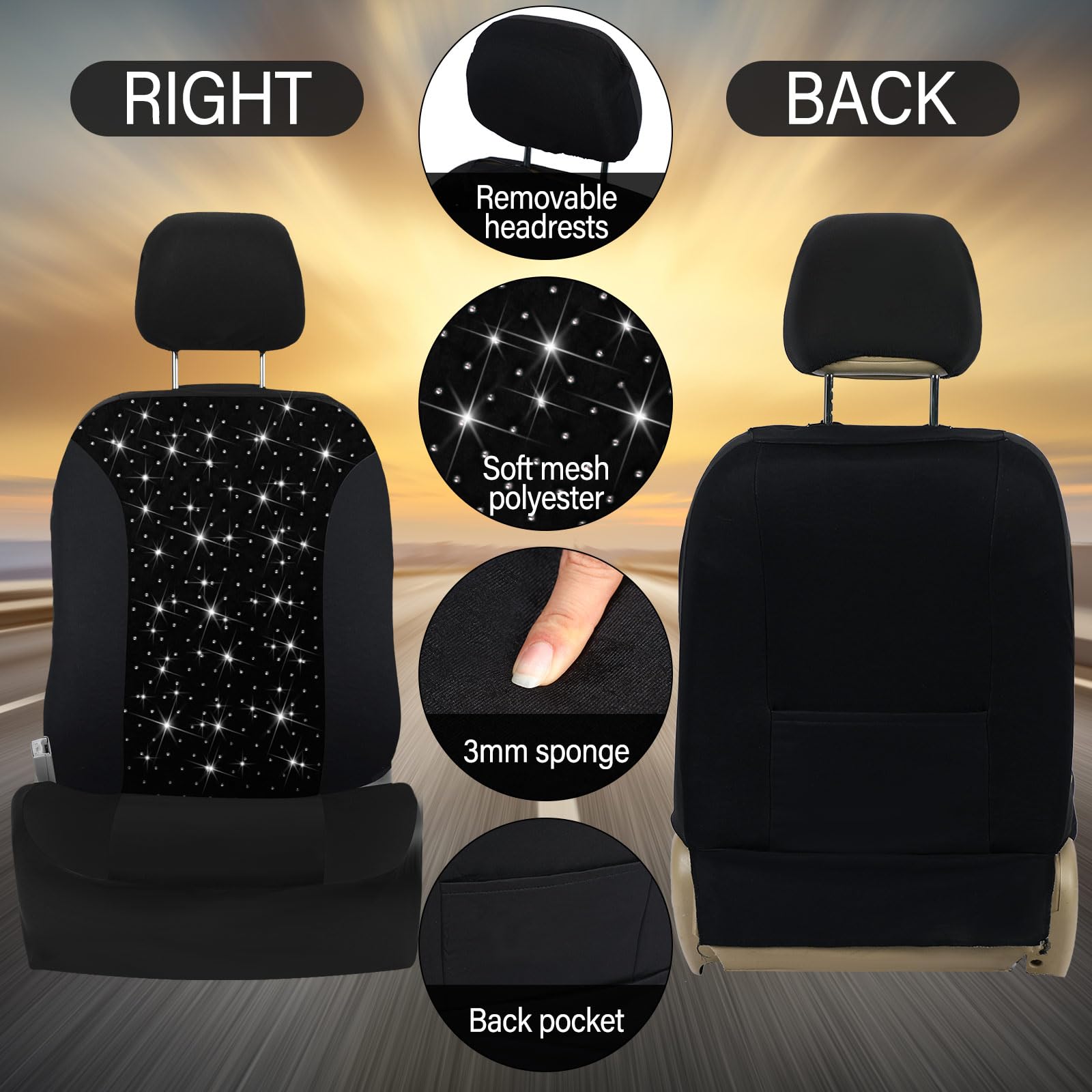 Ensemble complet de housses de siège de voiture brillantes en velours respirant pour femme - En maille noire - Ajustement universel pour la plupart des berlines, SUV, camions, monospaces, airbags