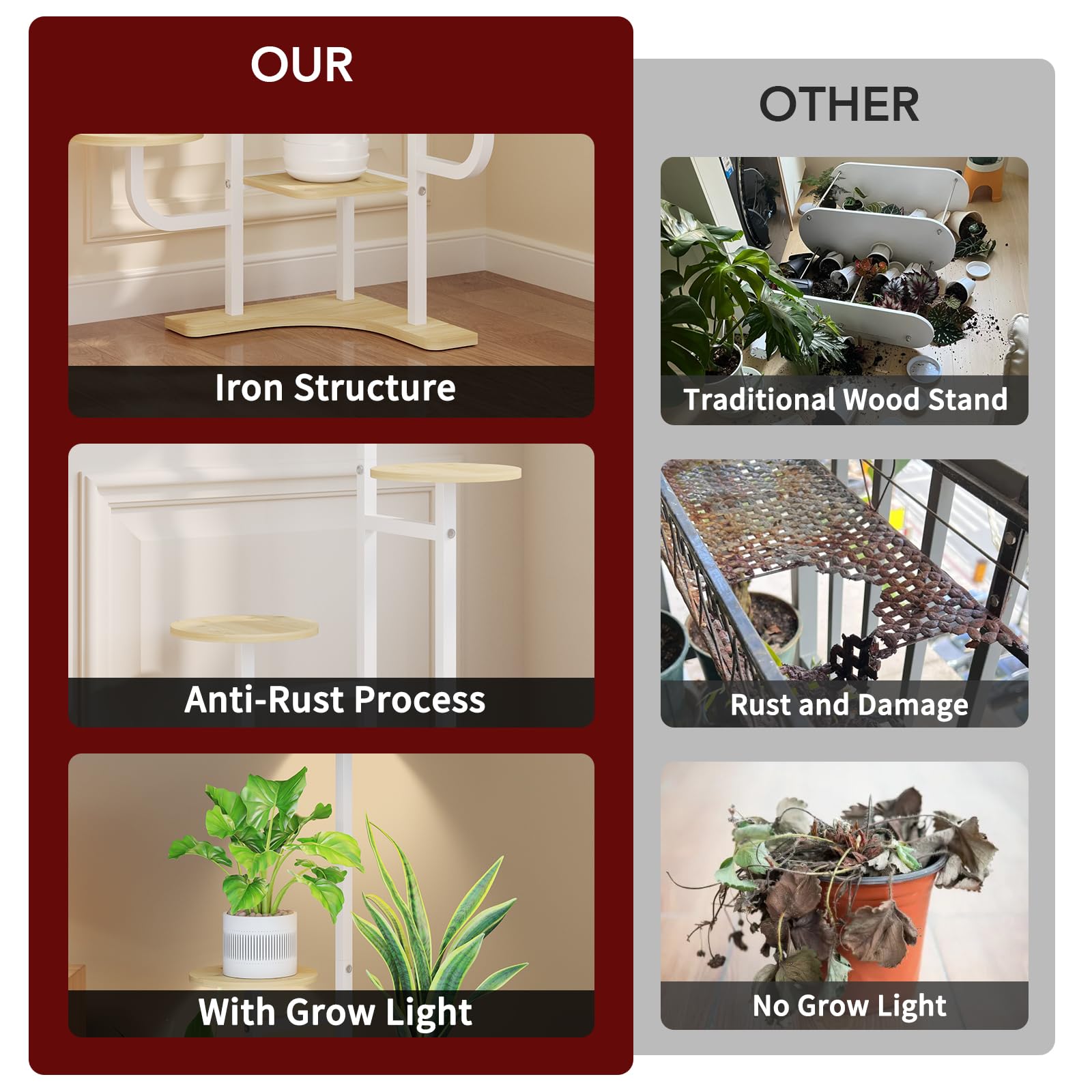 Homsorout Soporte esquinero para plantas con luz de crecimiento, soporte para plantas de 6 niveles, estante redondo de metal con luz ajustable, organizador de plantas para sala de estar, jardín