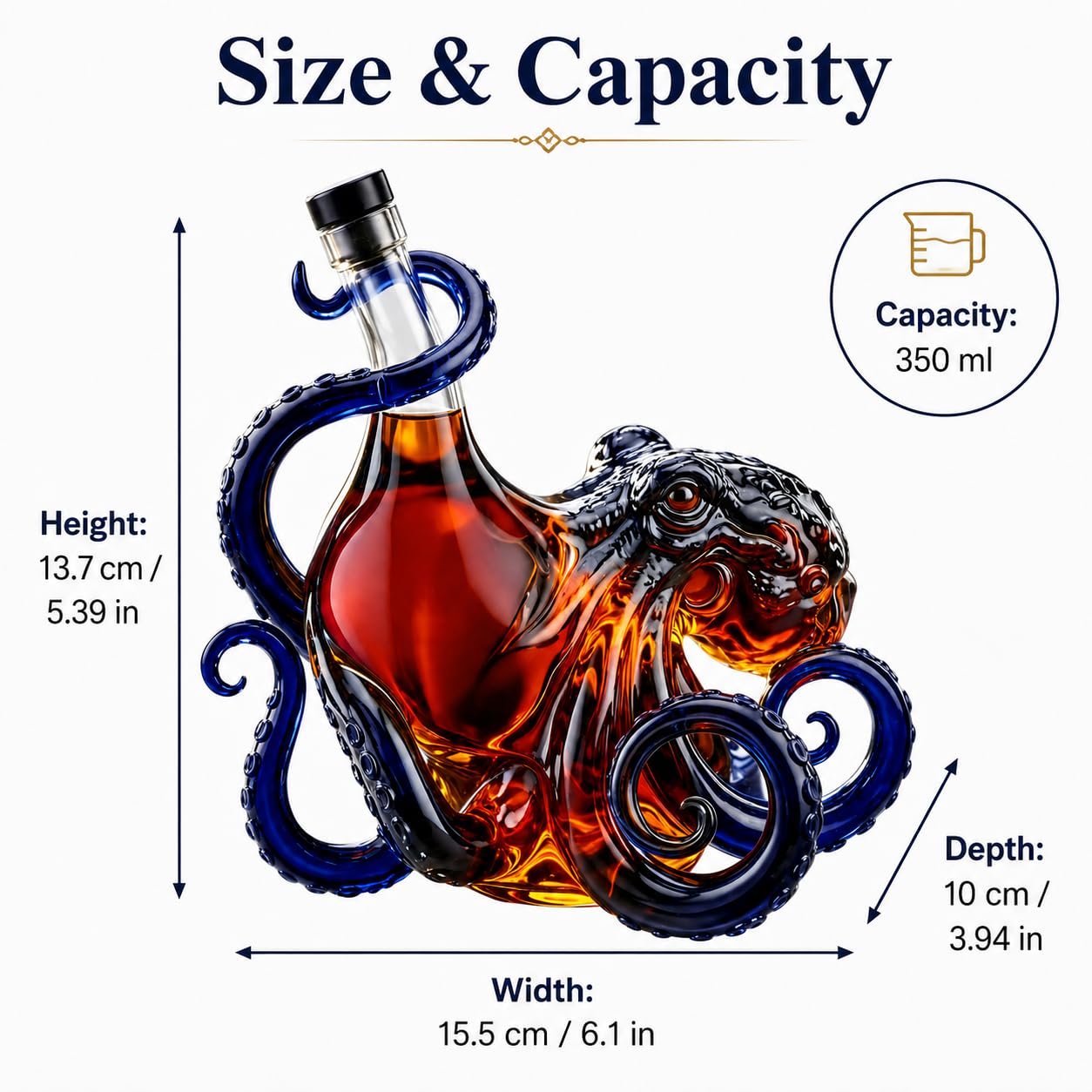 Bottiglia di vino a forma di polipo, decanter artistico in vetro 3D, decorazione nautica con tentacoli scuri, per whisky, vino, soda da 350 ml, regalo da bar a tema oceano, nero, 350 ml