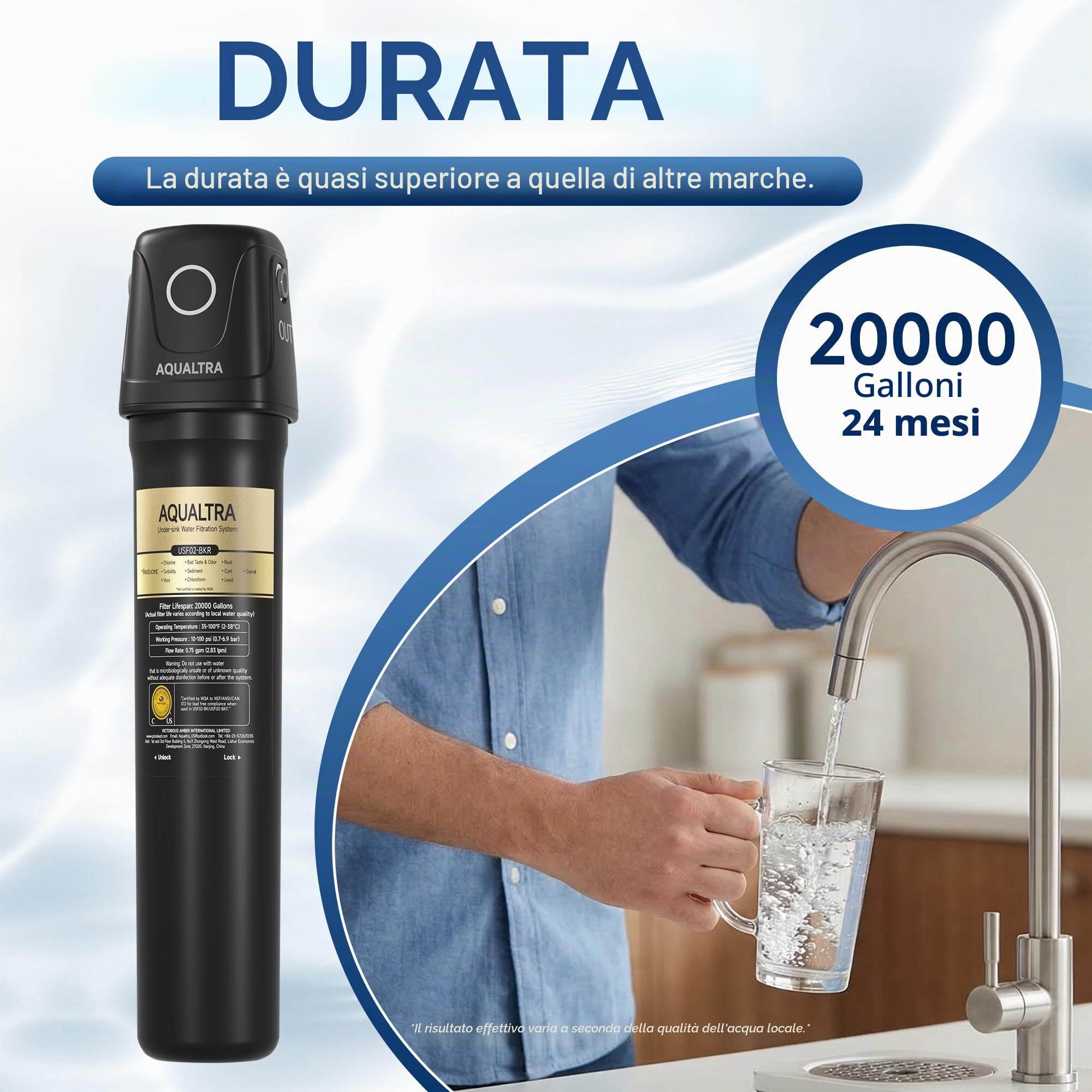 AQUALTRA USF02-BKF Sistema sottolavabo con rubinetto, 75700L, certificato NSF/ANSI/CAN 372, riduce PFOA, PFOS, cloro, piombo, mercurio, cloramina, fluoro, microplastiche, cattivo gusto & odore