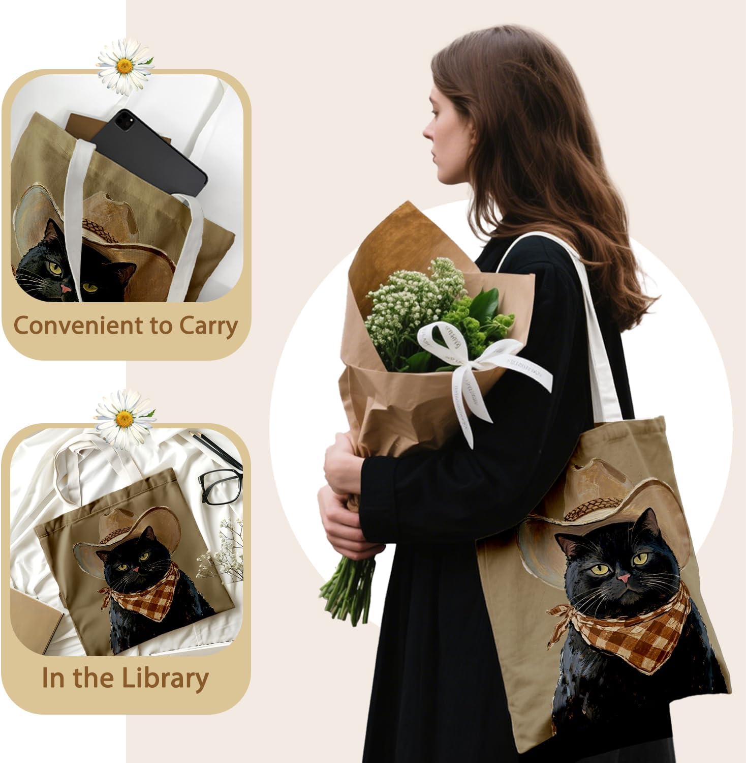 Cute Black Cat Canvas Tote Bag Aesthetic Flowers Reusable Shopping Grocery Bags Birthday Gifts for Women & Teen Girls - Image 2