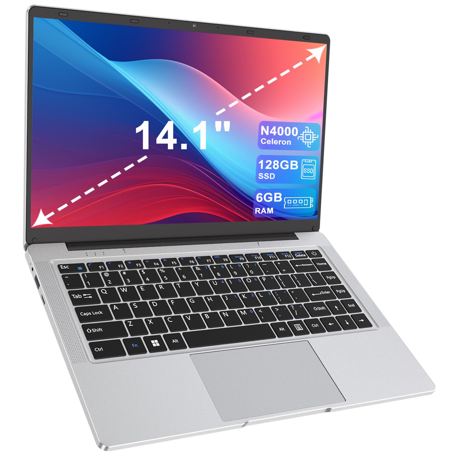 14" Laptop - Celeron N4000 Dual-Core Up to 2.6GHz,6GB RAM,128GB SSD,Silent Fanless Design,Fast Dual-Band WiFi,Bluetooth 5.0,USB 3.0,Mini-HDMI – Ideal for Home,Study & Office