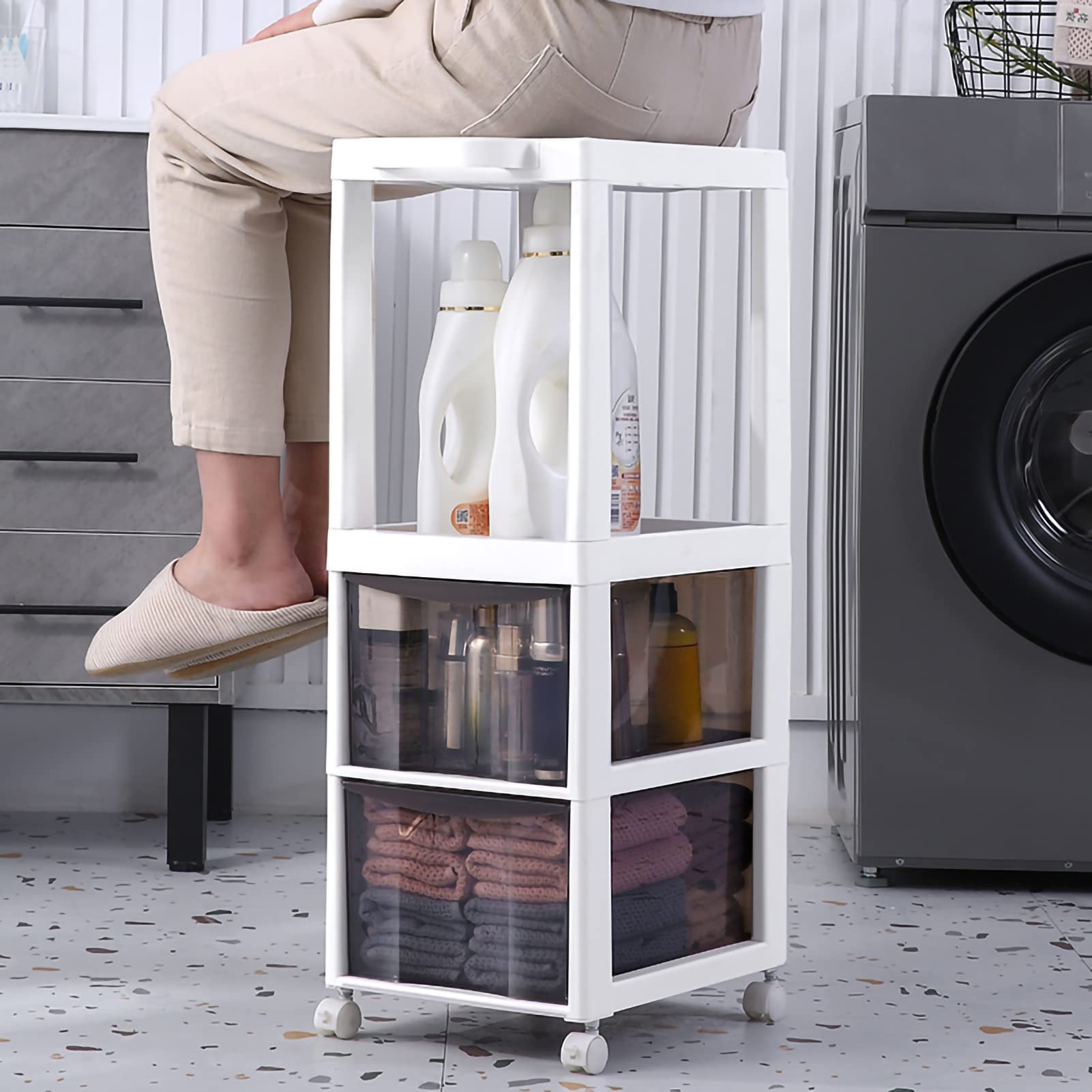 Cajones de almacenamiento apilables Gabinete de almacenamiento de baño Delgado con ruedas, Gabinete de piso de baño con ruedas angosto con cajón deslizable, Portarrollos