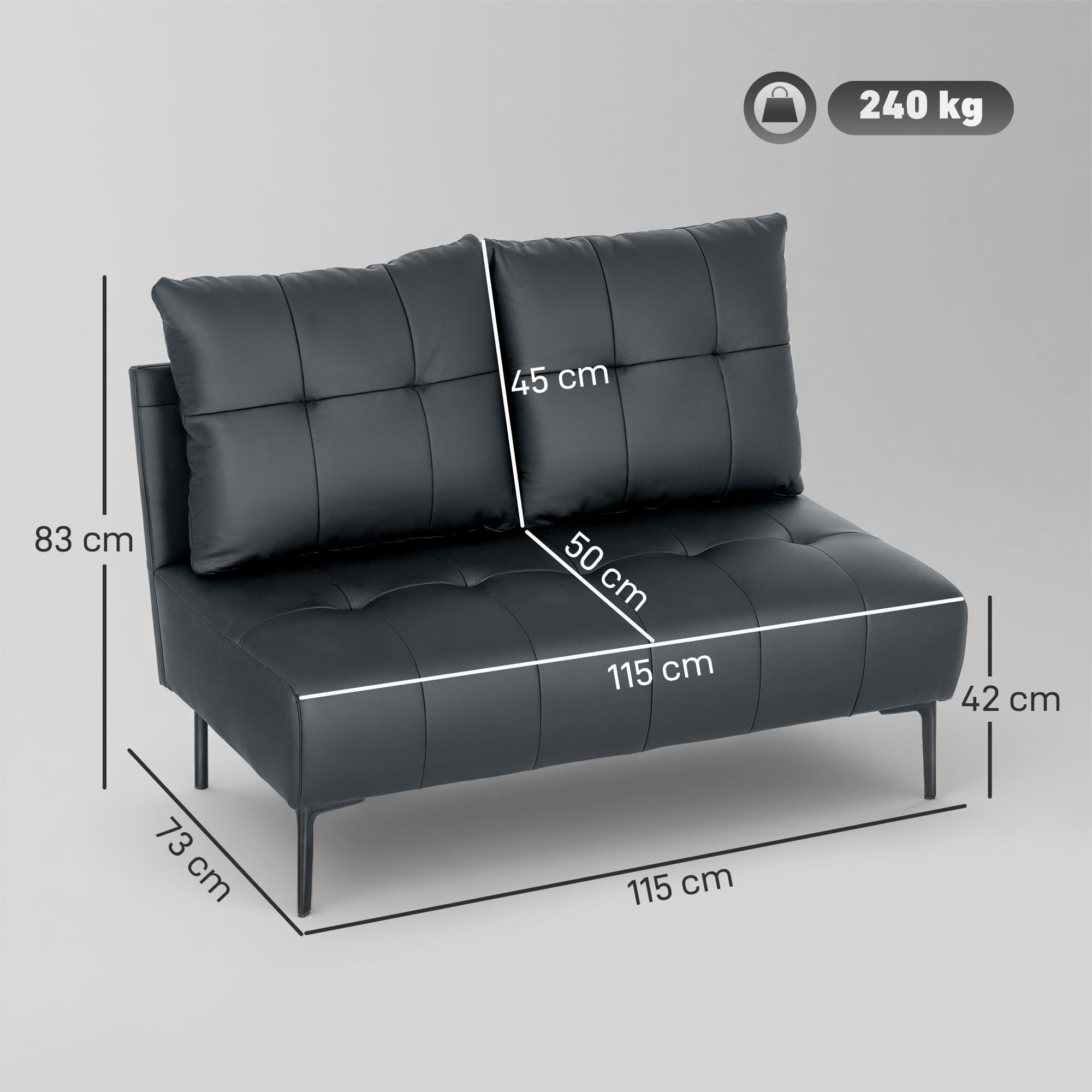HOMCOM Divano 2 Posti Compatto in Finta Pelle, Divano Moderno Trapuntato a Bottoni con Imbottitura Spessa e Gambe in Legno, Divanetto Senza Braccioli per Salotto e Studio, 115x73x83 cm, Nero