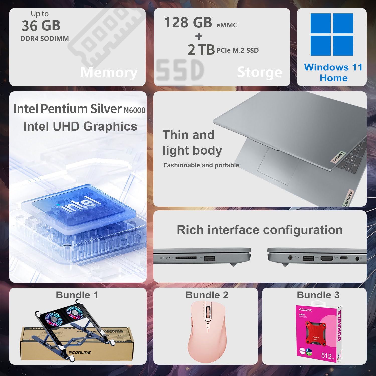 Lenovo Essential Laptop | Ideapad 1i | 36GB RAM | 15.6" FHD Display | 1.5TB Storage | 1 Yr Office 365 ADP | Intel Quad-Cores Processor | HDMI | Wi-Fi 6 | Win11 Home | w/Mouse & Laptop Cooler