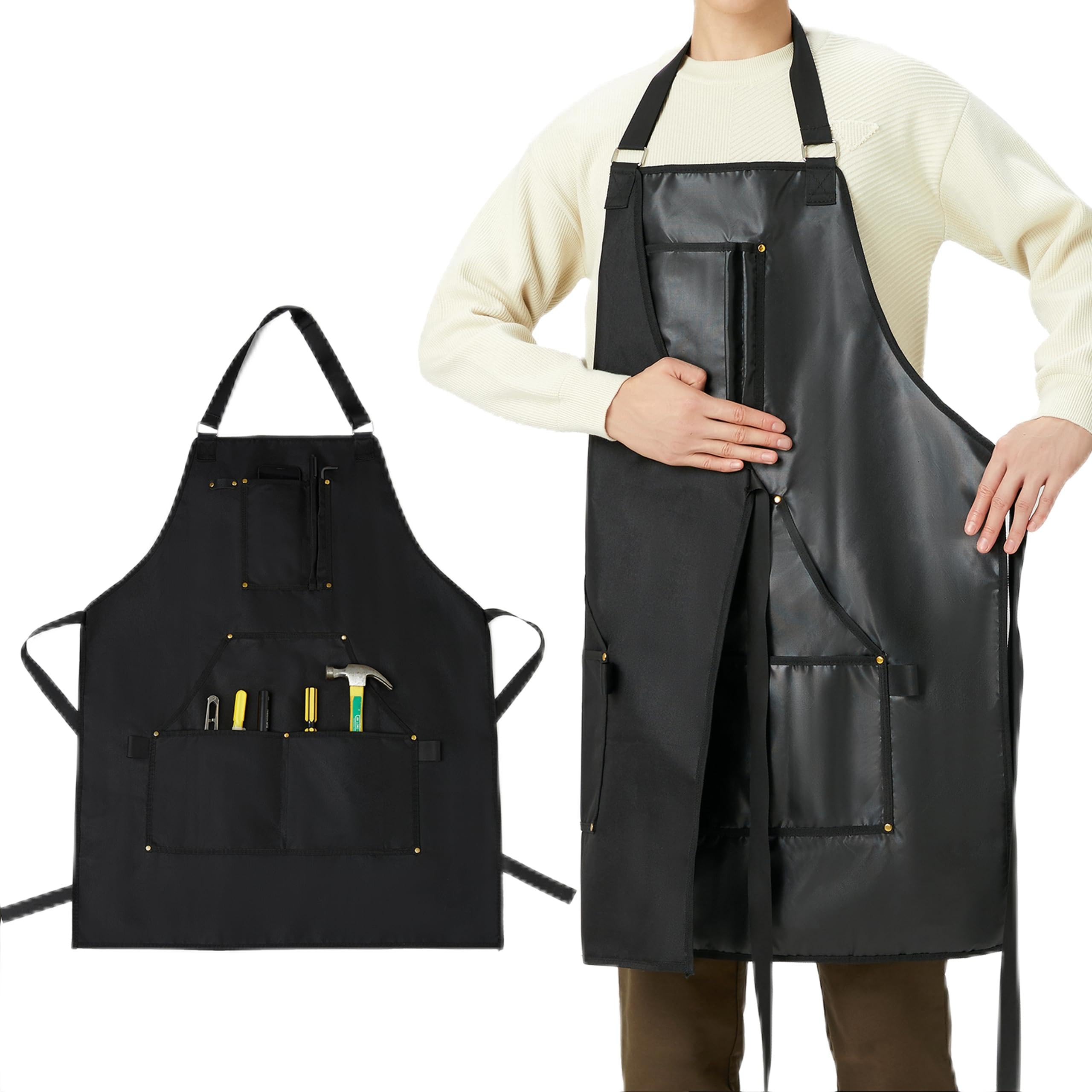 Reversible Design Black Apron with Pockets,BBQ Chef Apron for Men and Women, Fireproof Wear-Resistant Waterproof Work Apron - Apron for Dishwashing, Kitchen,Welding.