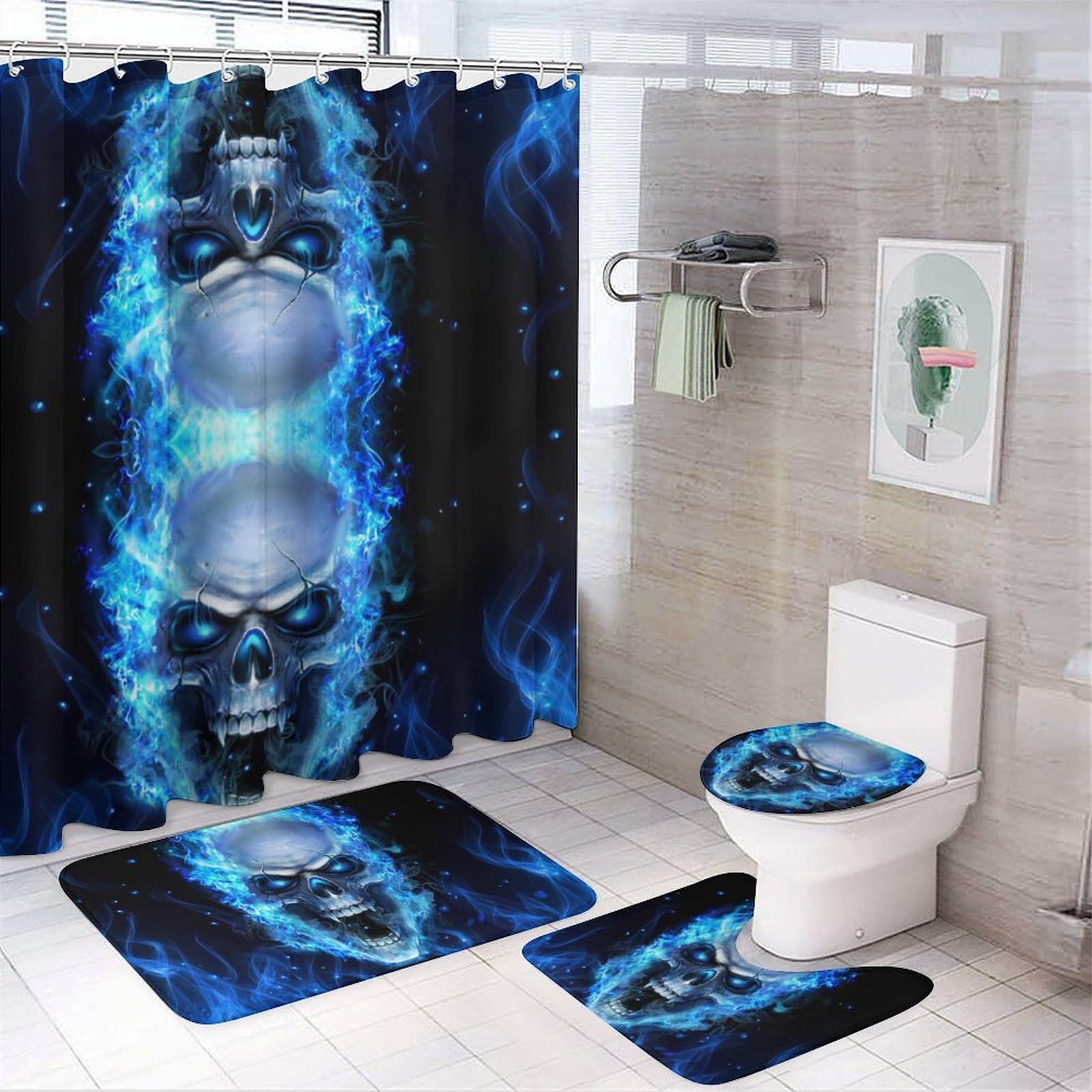 JZemdybill Bathroom Mat Set 4 Piece, D Print Blue Skull Shower Curtain with Non-Slip Bath Mats for Bathroom
