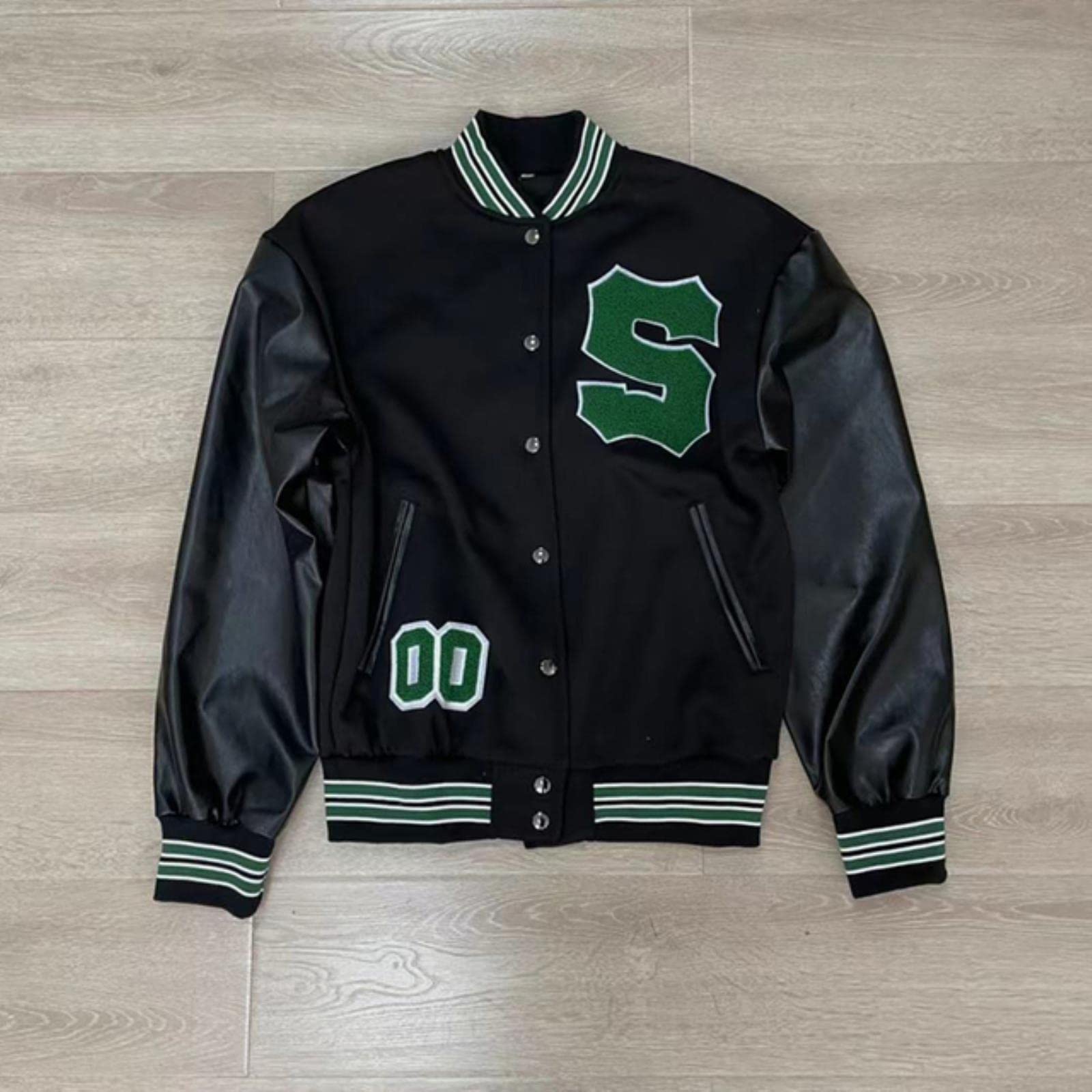 Wdhybwcx Women's Black Green Jackets Coat Hip Hop Baseball Uniform Vintage Bomber Jacket Loose Embroidered Autumn Winter Streetwear Oversized Coats-,S