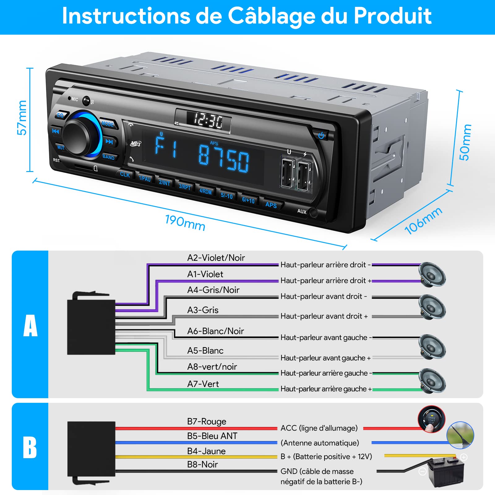 RDS Autoradio Bluetooth 5.0, Poste Radio avec LCD Affichage Horloge, 7 Couleurs Éclairage, 4x65W Autoradio 1 Din pour 9-24V Voiture, Supporte Main Libre/FM/AM/2 USB/AUX/SD/TF/MP3
