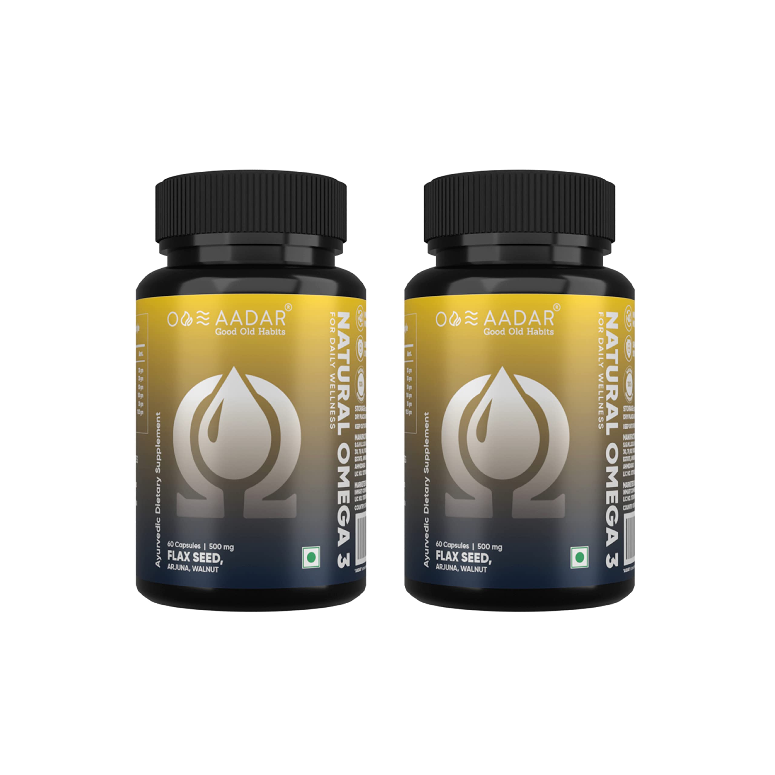 AADAR NATURAL OMEGA 3 | Vegan Omega3 Fatty Acid & Immunity Supplement for Men and Women |Flaxseed, Arjuna, Walnut - No Fish Oil | 60 Capsules(Pack of 2)