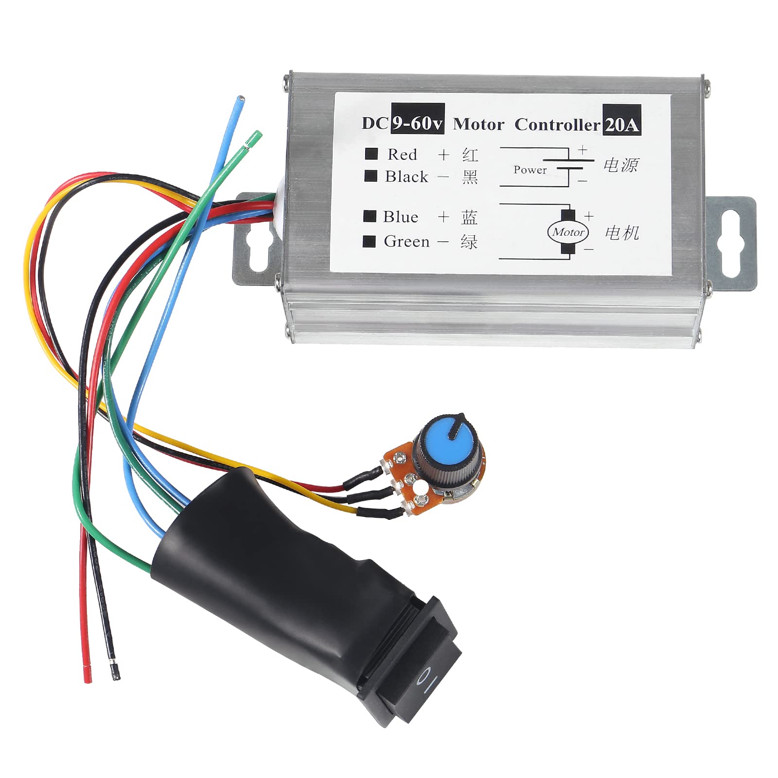 Regulator prędkości silnika DC, moduł sterujący silnikiem szczotkowym, DC 9 V-60 V 12 V 24 V 36 V 48 V 60 V regulator szerokości impulsu silnika 20 A 1200 W PWM regulator ściemniacza z przełącznikiem i pokrętłem