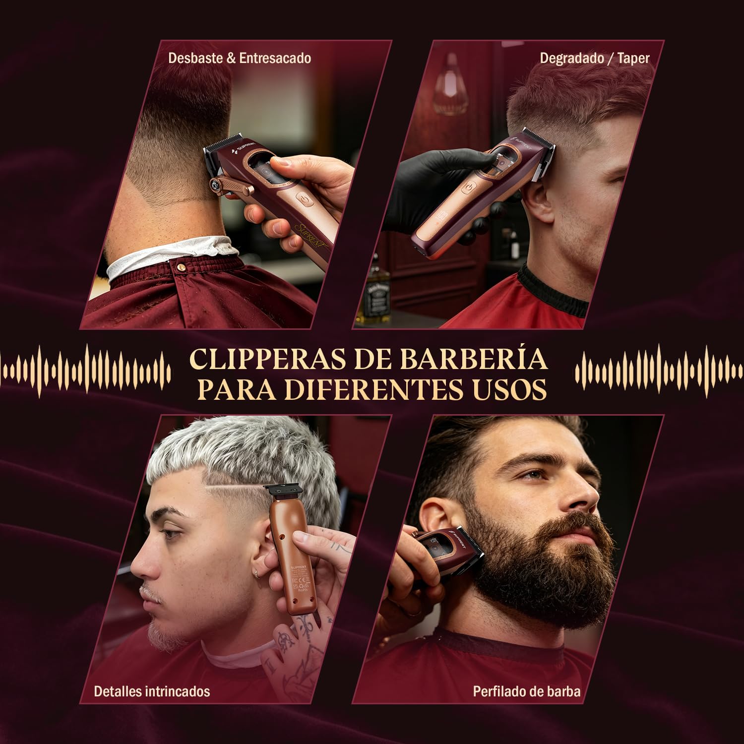 SUPRENT Maquina de Cortar Pelo Hombre, Cortapelos Profesional 8500-11000RPM | Motor Vectorial Inteligente de Doble Bobina, Cortapelos Inalámbrico, Bases de Carga, Uso de Barbero-Rojo