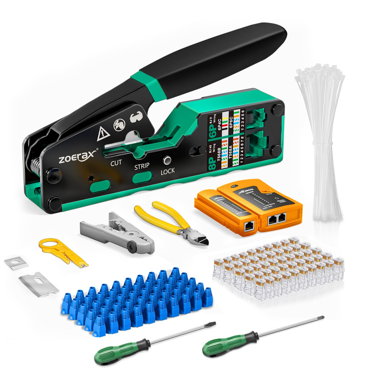 ZoeRax Ethernet crimping tool kit RJ45 crimp tool, Cat5 Cat6 Pass Through Crimping Tool for Network Cable Tester, Multiply Stripper, 50PCS Cat 6 Pass