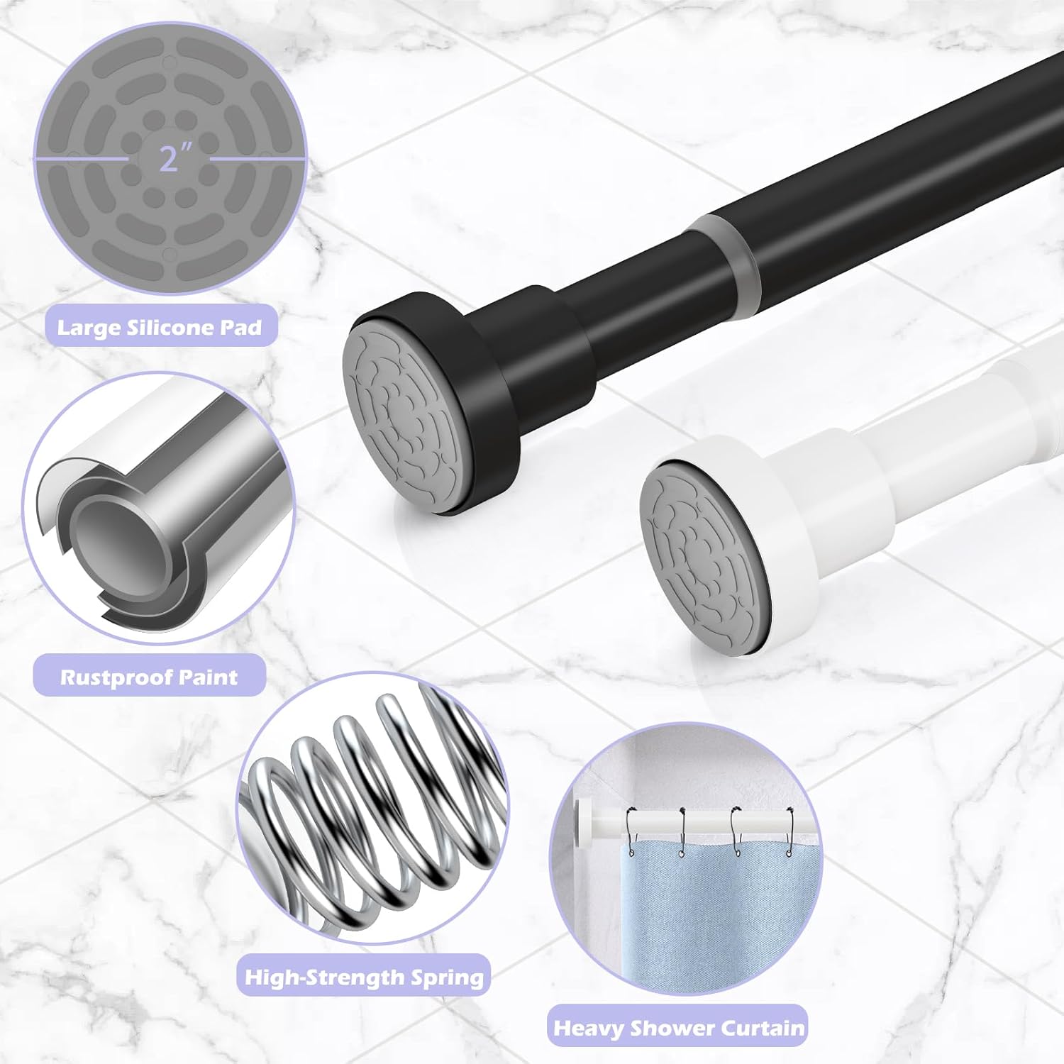 Shower Curtain Rod Spring Tension:2Pack White Shower Rods for Bathroom 33 to 72 Inch,1 Inch Modern Heavy Duty Adjustable Tension Shower Curtain Rod No Drilling No-Slip Easy Install,Matte White