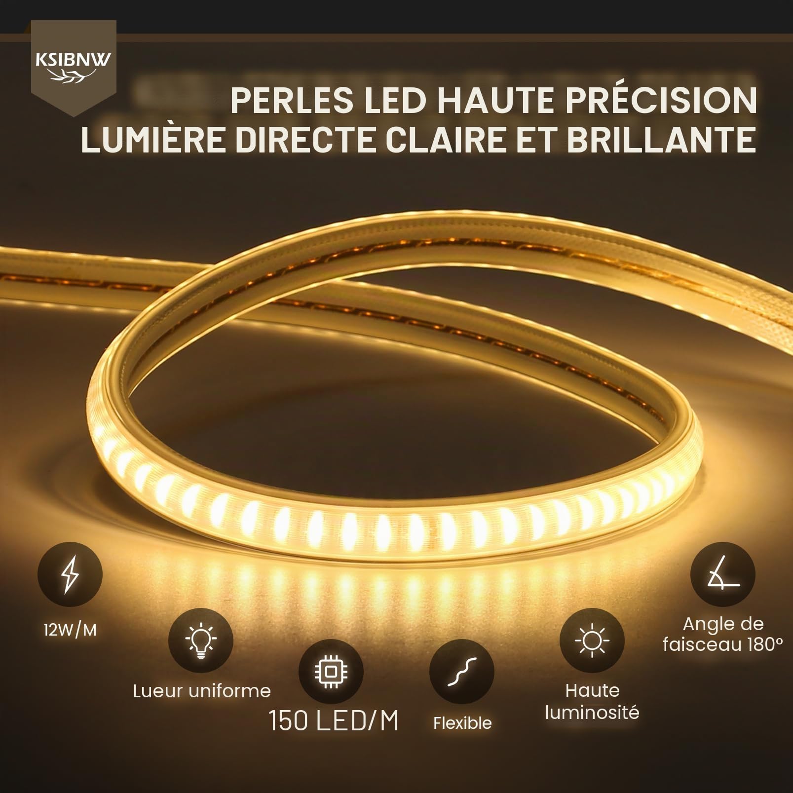 KSIBNW Ruban LED Exterieur Etanche 10M, Blanc Chaud Néon Bandeau LED 220V Etanche IP65 Bande Lumineuse Ultra Haute Luminosité 145LEDs/M pour Chambre Cuisine Intérieur Extérieur, inclus Adaptateur