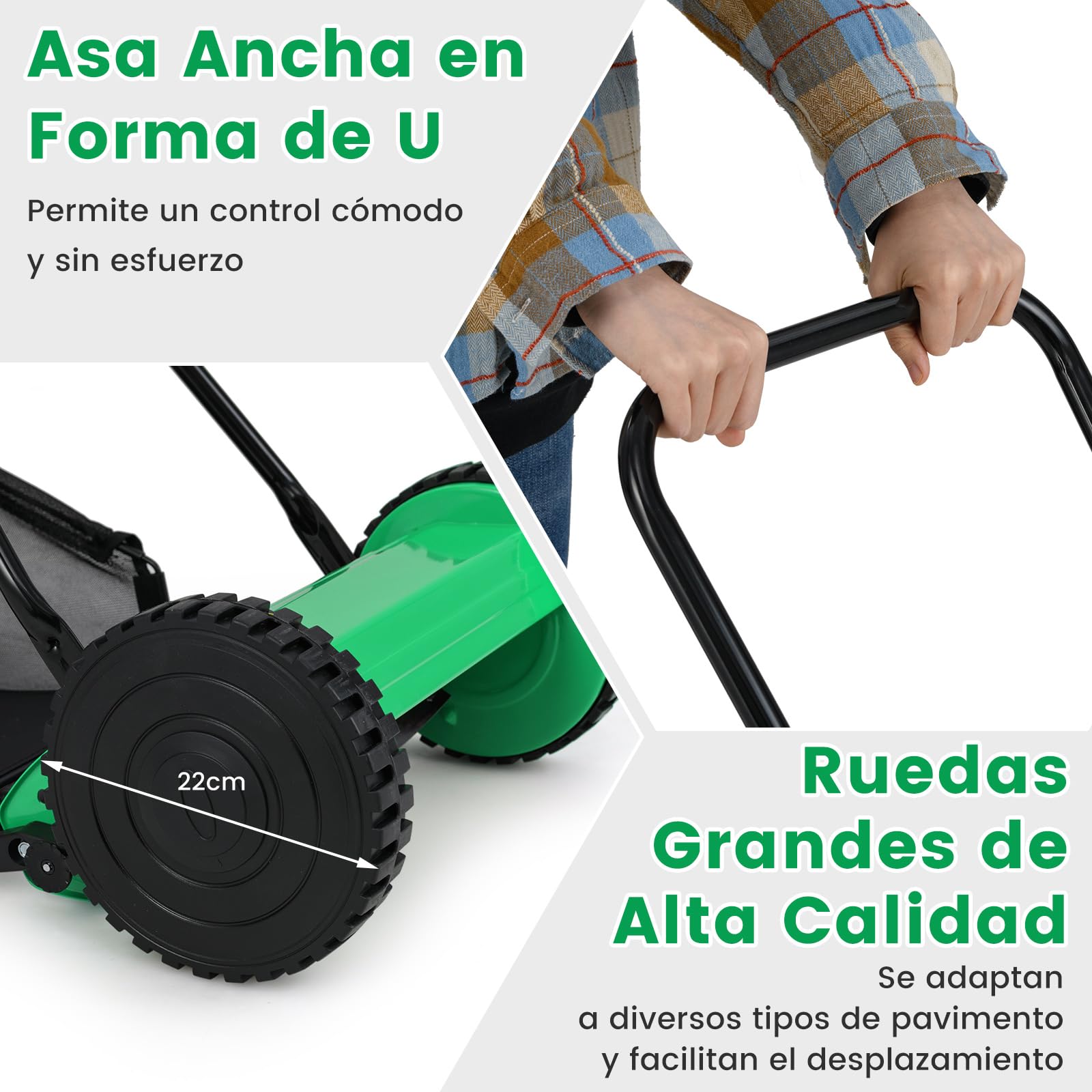 COSTWAY Cortacésped Manual, Barrendero de Césped con Ancho de Corte de 30 cm, Altura de Corte Ajustable de 15-40 mm, Caja de Recolección de Césped de 18,5 L, 2 Ruedas, Cuchilla (Verde)