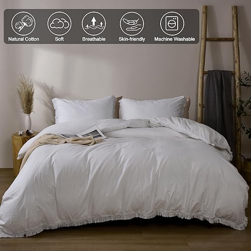 Miniatura 4 de PHF Juego de funda de edredón 100% algodón lavado, tamaño King, ultra suave, de lino y algodón con borlas, 3 piezas, transpirable, duradera, con