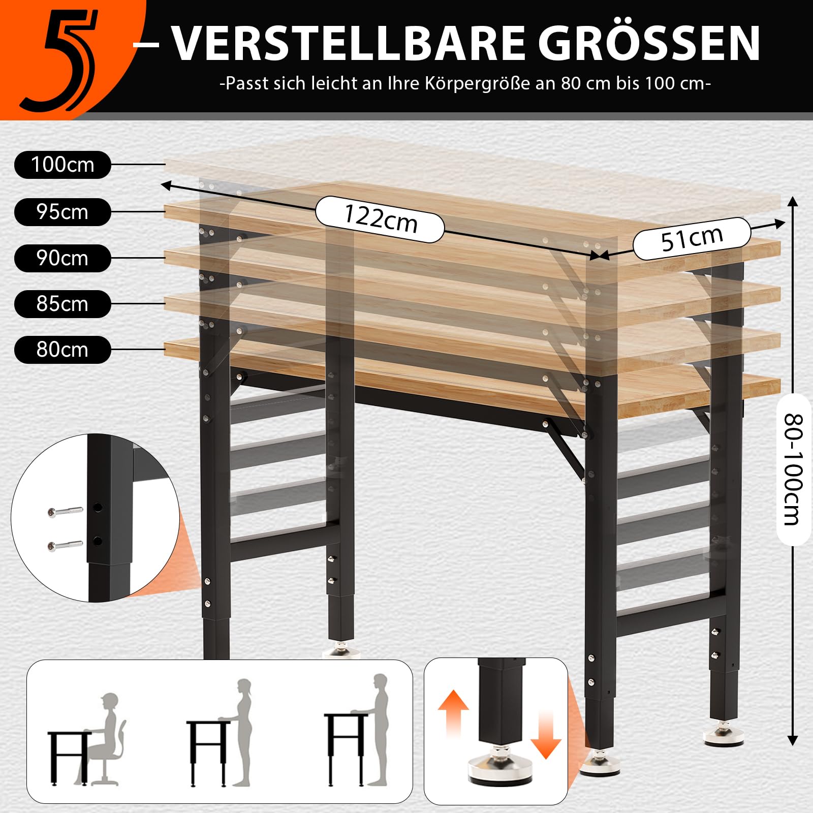 TLGREEN Schwerlast Werkbank aus Gummibaumholz, 122cm Arbeitstisch 5-stufig Verstellbare Höhen, Werktisch mit Steckdosen und Stecktafel, 907kg Tragkraft,15PCS Haken,Garagentisch für Werkstatt Büro Haus