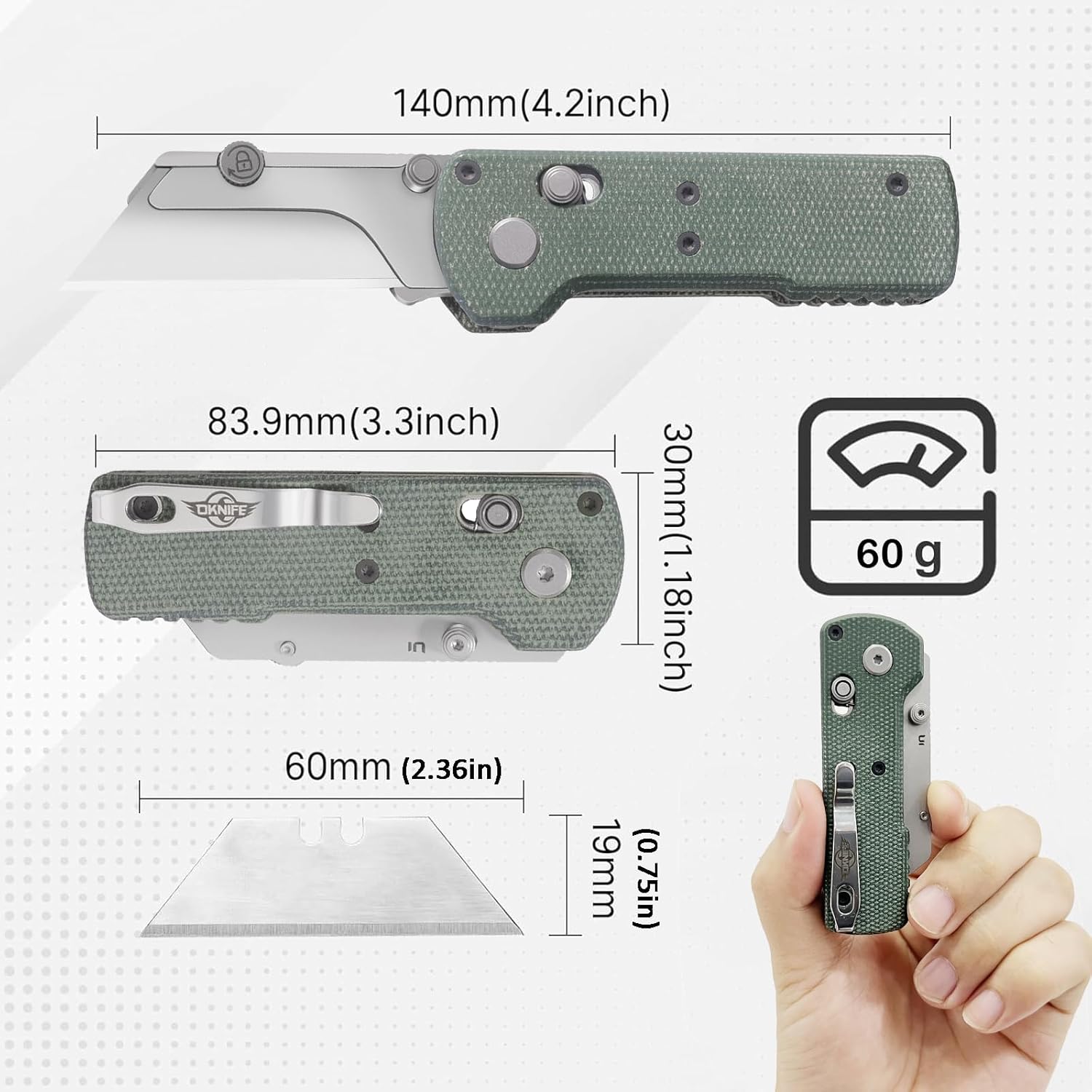 OKNIFE Otacle U1 Folding Utility Knife, Quick Change Box Cutter with Rail Lock, EDC Razor Knife with Pocket Clip for Office, Factory (Green Micarta)