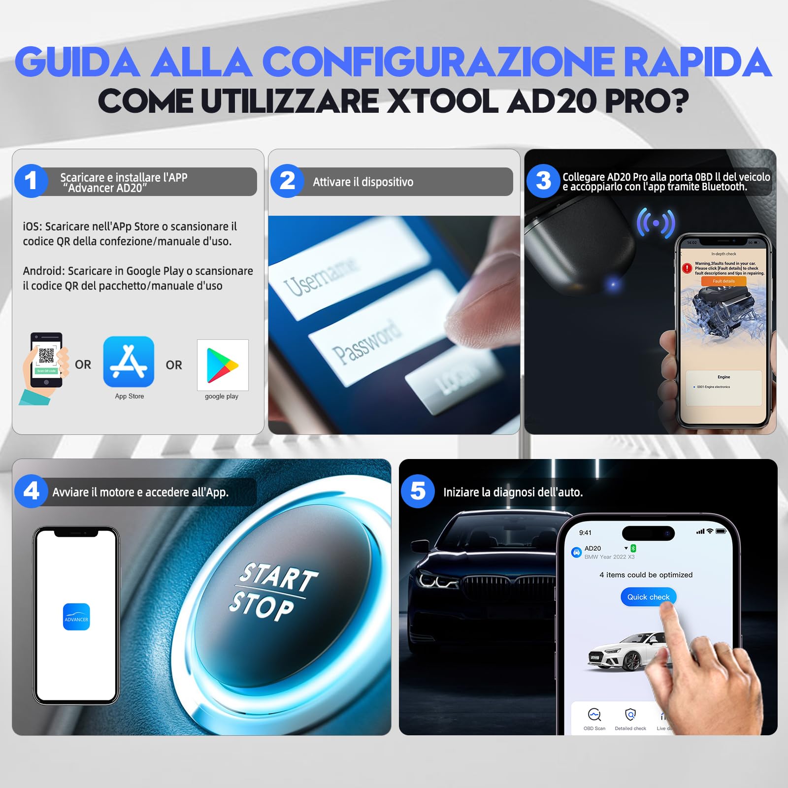 XTOOL AD20 Pro OBD2 Auto Diagnostica Wireless Diagnosi Italiano per iOS e Android, Diagnosi Auto Professionale con Scansione Completa dei Sistemi, aggiornamento a vita
