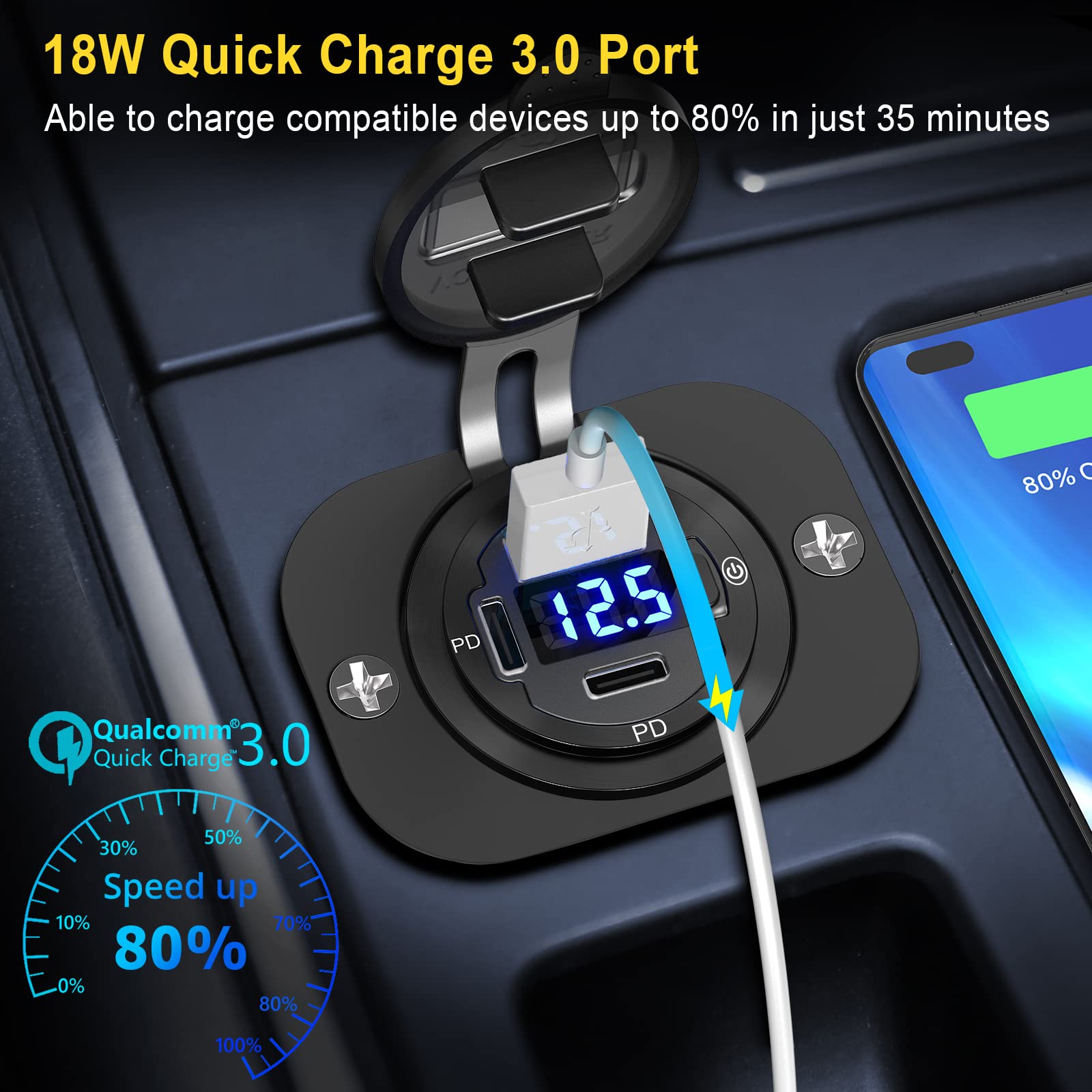 Gniazdo ładowarki samochodowej USB C 12 V gniazdo USB 2 sztuki: najnowszy aluminiowy metal 58 W podwójny PD3.0 20 W USB C i 18 W port QC3.0 gniazdo ładowarki Multi USB z przełącznikiem zasilania