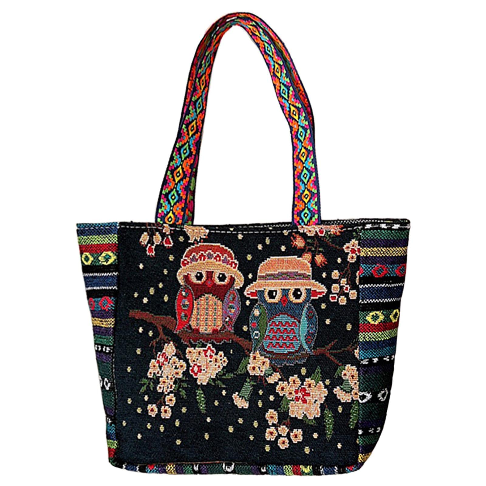 Embroidered Handmade Women Shoulder Bag Travel Bag Gift Blue Yellow Owl-image-15