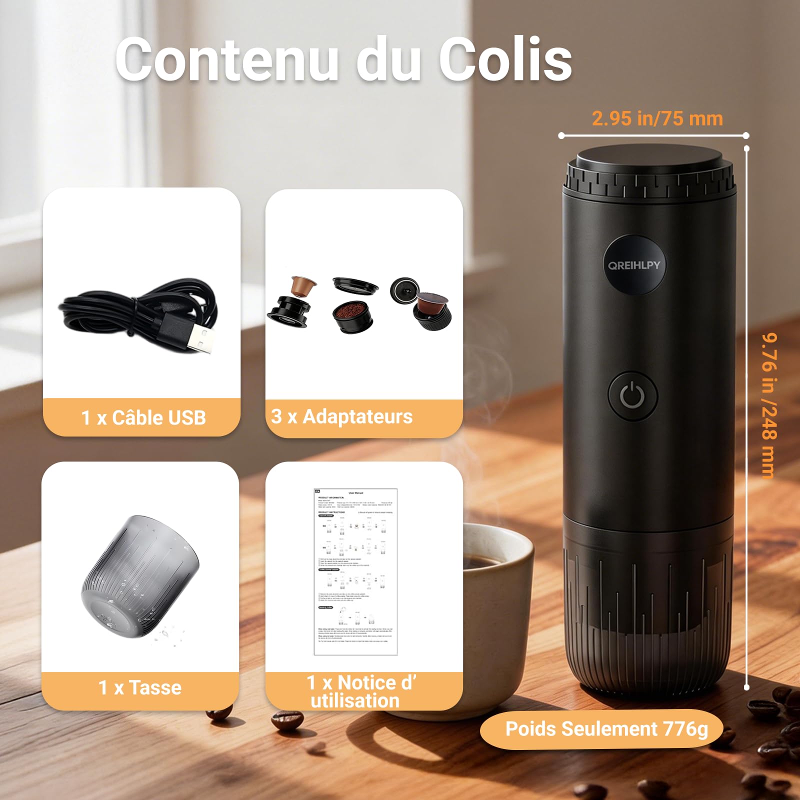 Machine à Cafe Portable, Cafetière Portable 3 en 1 Compatible avec les Capsules Espresso et Poudre de Café, Rechargeable Pour Voyage, Camping, Voiture, Maison