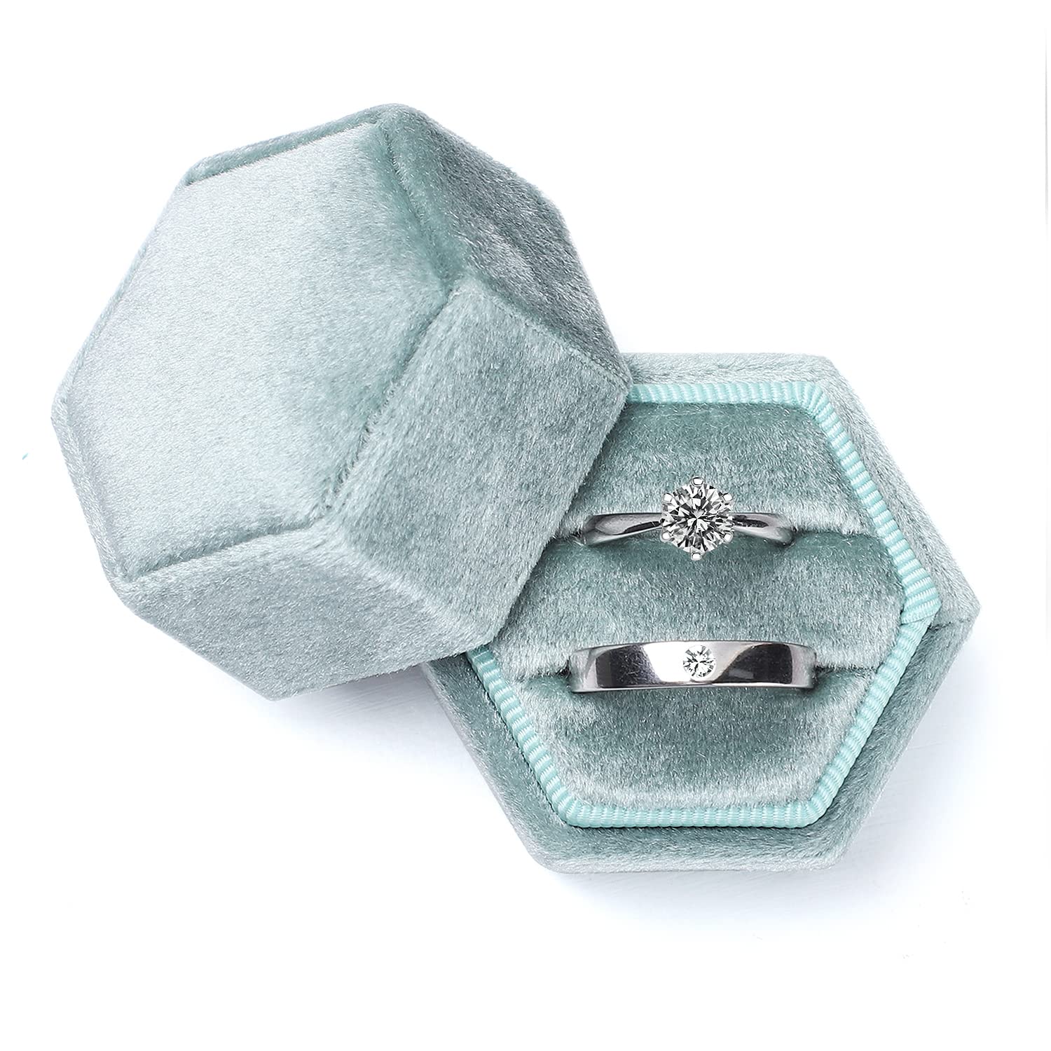 EtercycleEtercycle Velvet Jewelry Ring Box, Hexagon Premium Gorgeous Vintage Double Ring Gift Box with Detachable Lid for Proposal Engagement Wedding Ceremony(Sage Green)