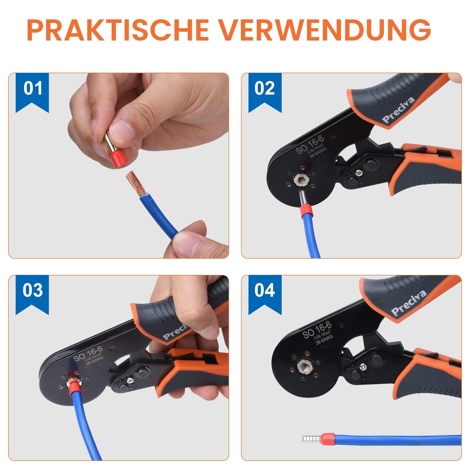 Crimpzangen 0.08-16mm², Preciva Aderendhülsenzange Crimpzange Sechskant Presszange für Isolierte Unisolierte Crimpverbinder