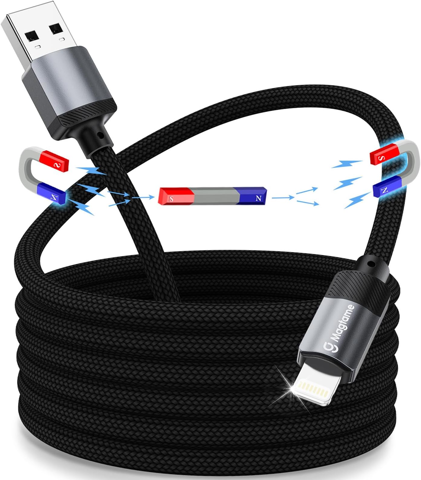 Magtame Coiled Magnetic iPhone Charger, 1M Lightning Cable for CarPlay, Braided USB A to Lightning Cord Self Winding - MFi Certified, iPhone 14/13/12/11 Pro