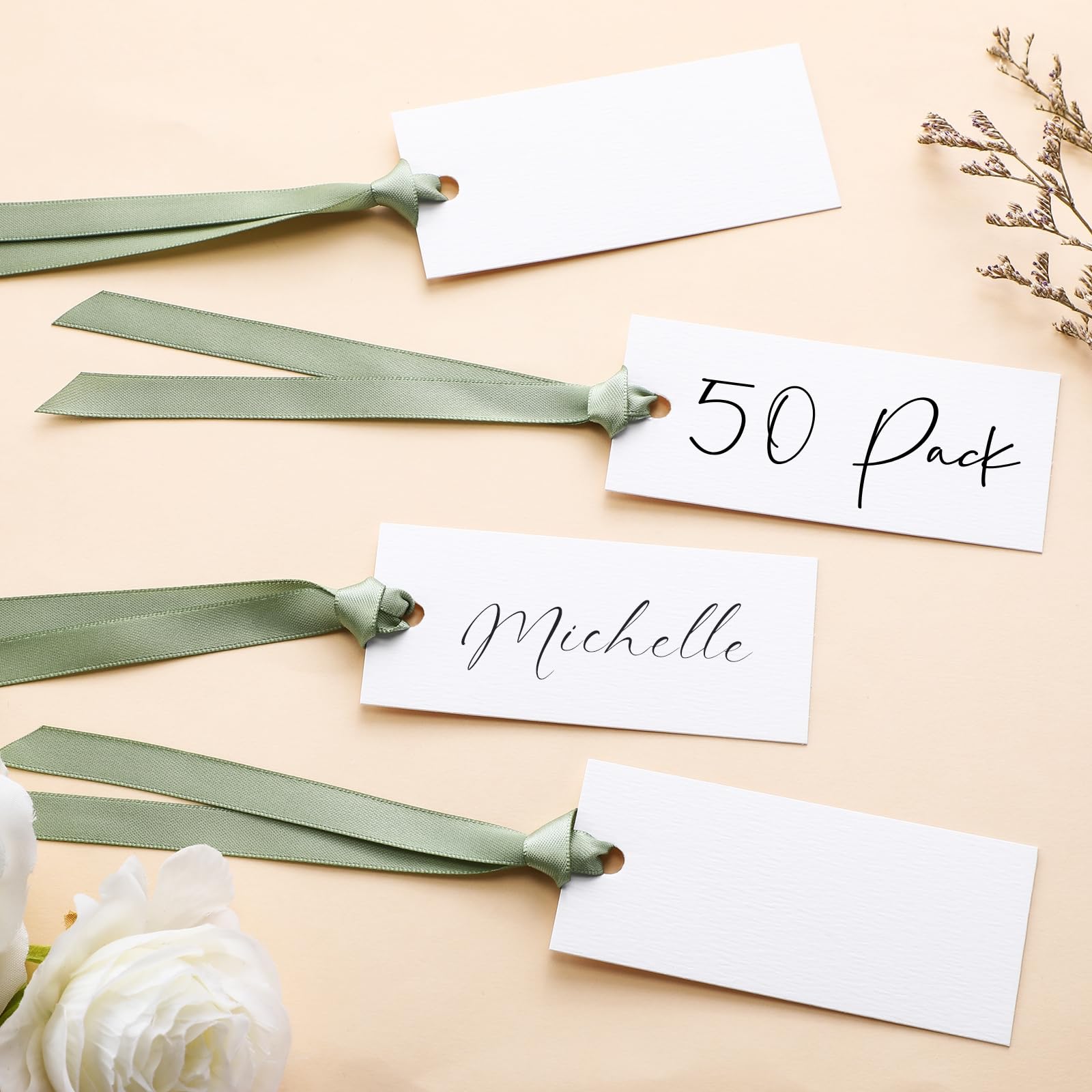 CharmeFleur 50 Pcs Name Place Cards for Table Setting Blank Wedding Place Cards with Satin Ribbon 1.57 x 3.54 Inch Hanging Gift Tags for Wedding Dinner Banquet Party Table Setting Supplies(Sage Green)