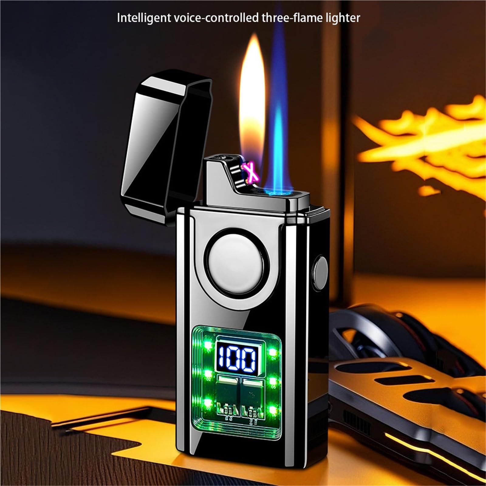 Mechero de butano – Doble llama inteligente controlada por voz, tamaño de llama ajustable, diseño portátil de metal, gas butano reciclable, ideal para velas y colección
