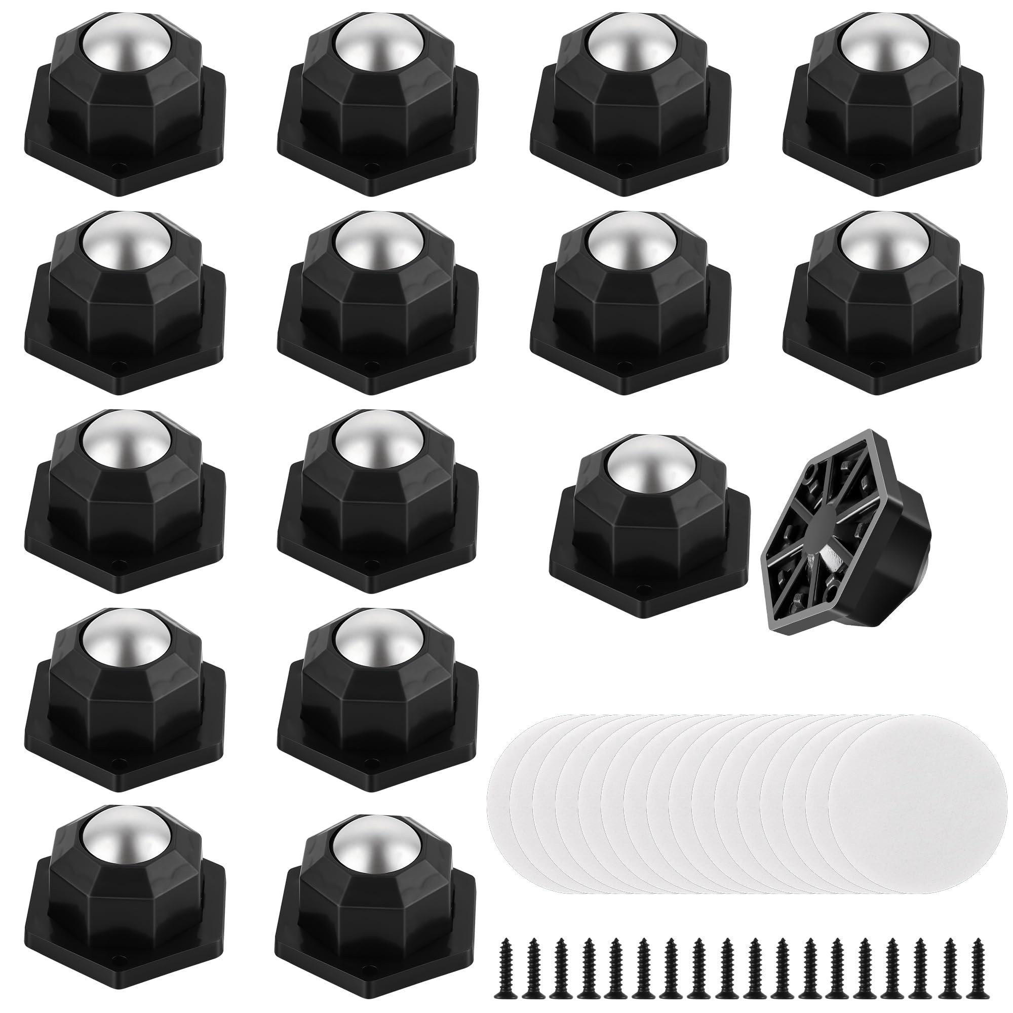 CHEUNGR Self Adhesive Caster Wheels Set of 16, 360° 20mm Stick On Furniture Wheels, Mini Ball Bearing Rollers with Screws and Stickers for Small Furniture, Trash Cans, Storage Boxes - Black