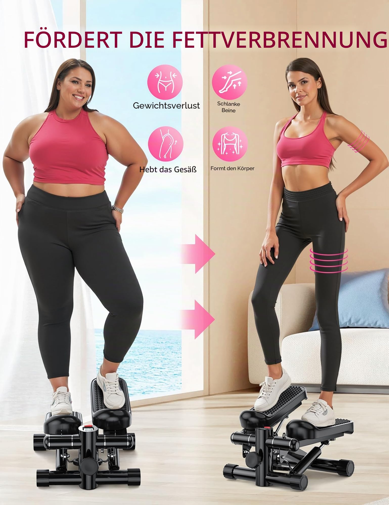 Mini-Stepper für Übungen, Treppenstepper 150 kg Kapazität, Workout-Stepper für Training zu Hause, Schrittmaschine mit Widerstandsbändern
