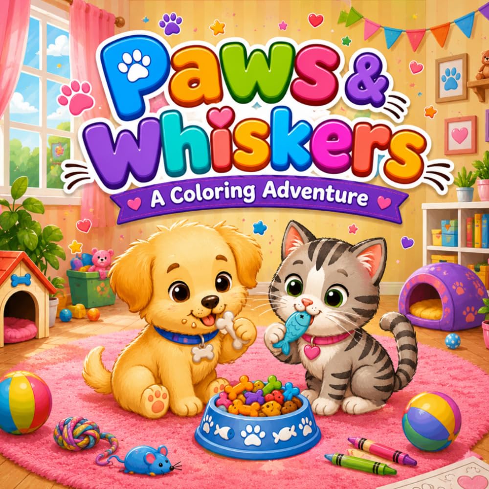 Paws & Whiskers A Coloring Adventure: Puppies and cats coloring book , Adorable Playful Puppies, Cute Dogs and Cozy Cats Coloring Pages for Kids Ages ... Animal Coloring Book for Little Artists