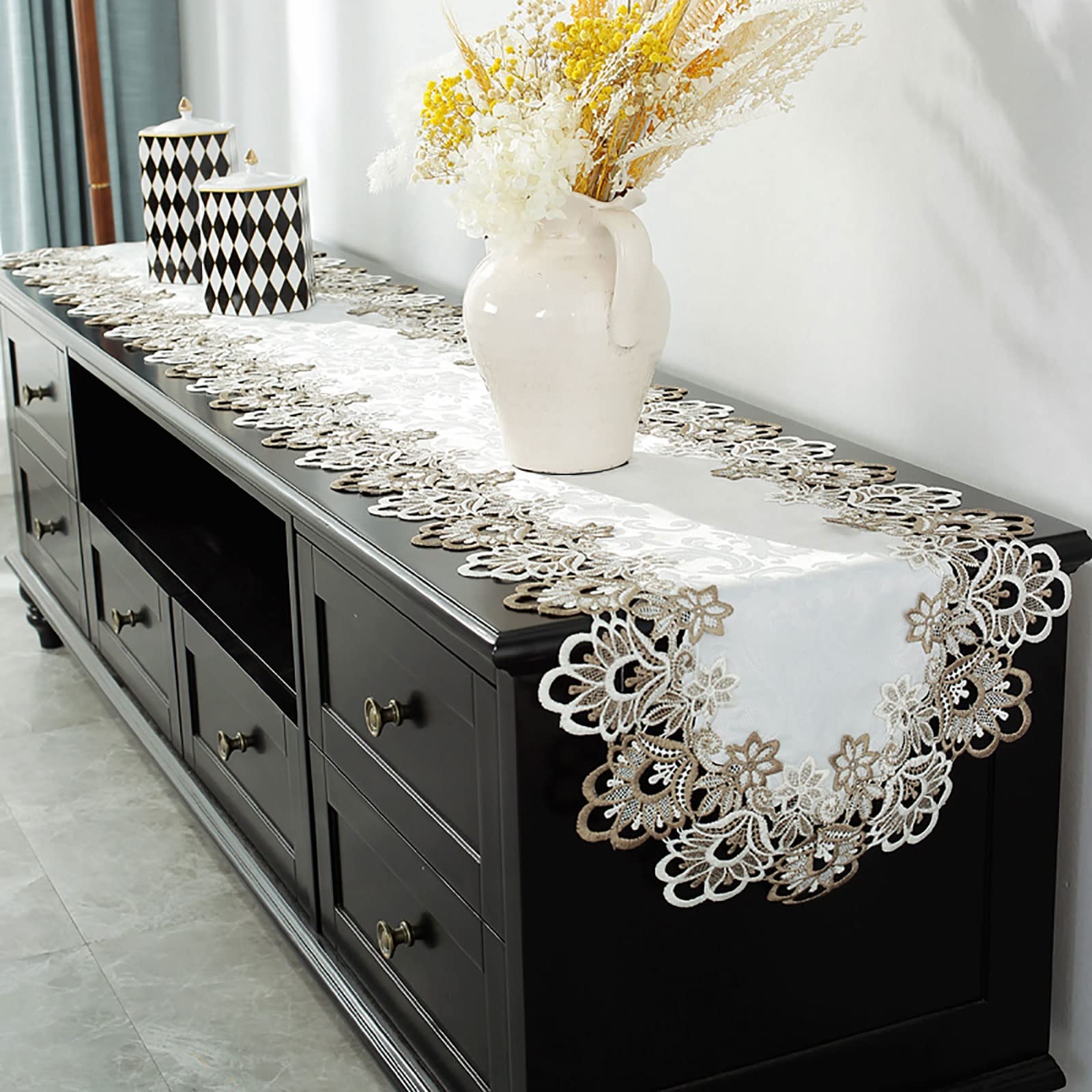 Chemins de Table, Lot de 2 napperons rectangulaires en Tissu et Dentelle avec Broderie en macramé exquise for décoration de Noël et du Nouvel an(40 * 220cm)