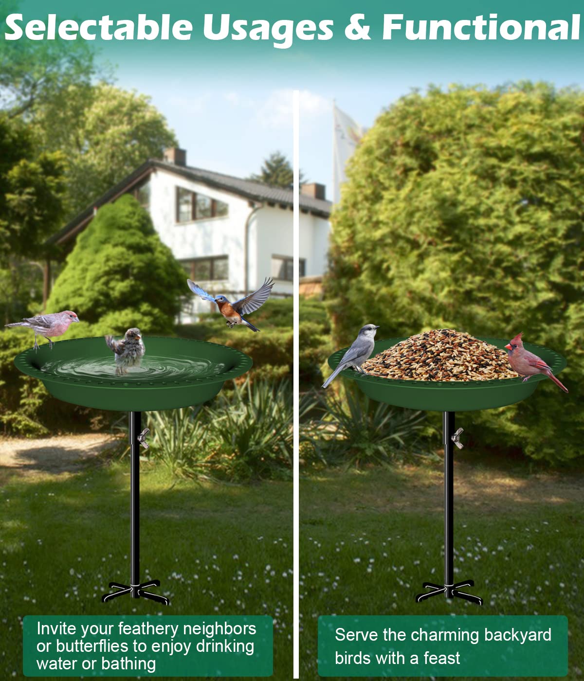 Bain d'oiseaux amovible de 73,6 cm de hauteur avec support en métal, bol ovale pour oiseaux et mangeoire à oiseaux avec base à 5 dents pour jardin extérieur, vert