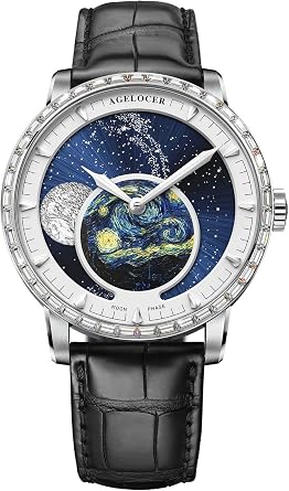 Agelocer Men's Top Brand Blue Moon Phase Dress Automatic Mechanical Stainless Steel Fashion Luxury Watch, VU6401E1, Mechanical