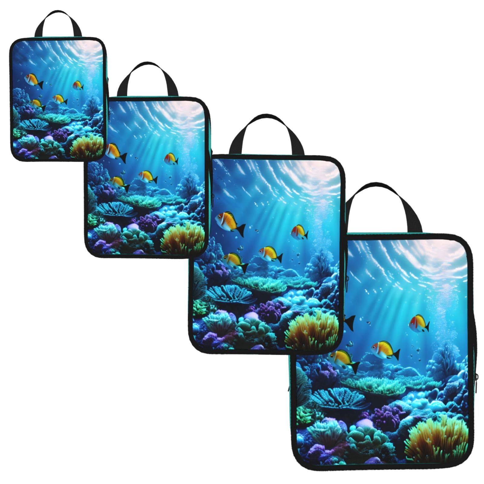 Tranquil Underwater Scenery Print 4 Set Compression Packing Cubes for Suitcases,Expandable Storage Bag Organizers