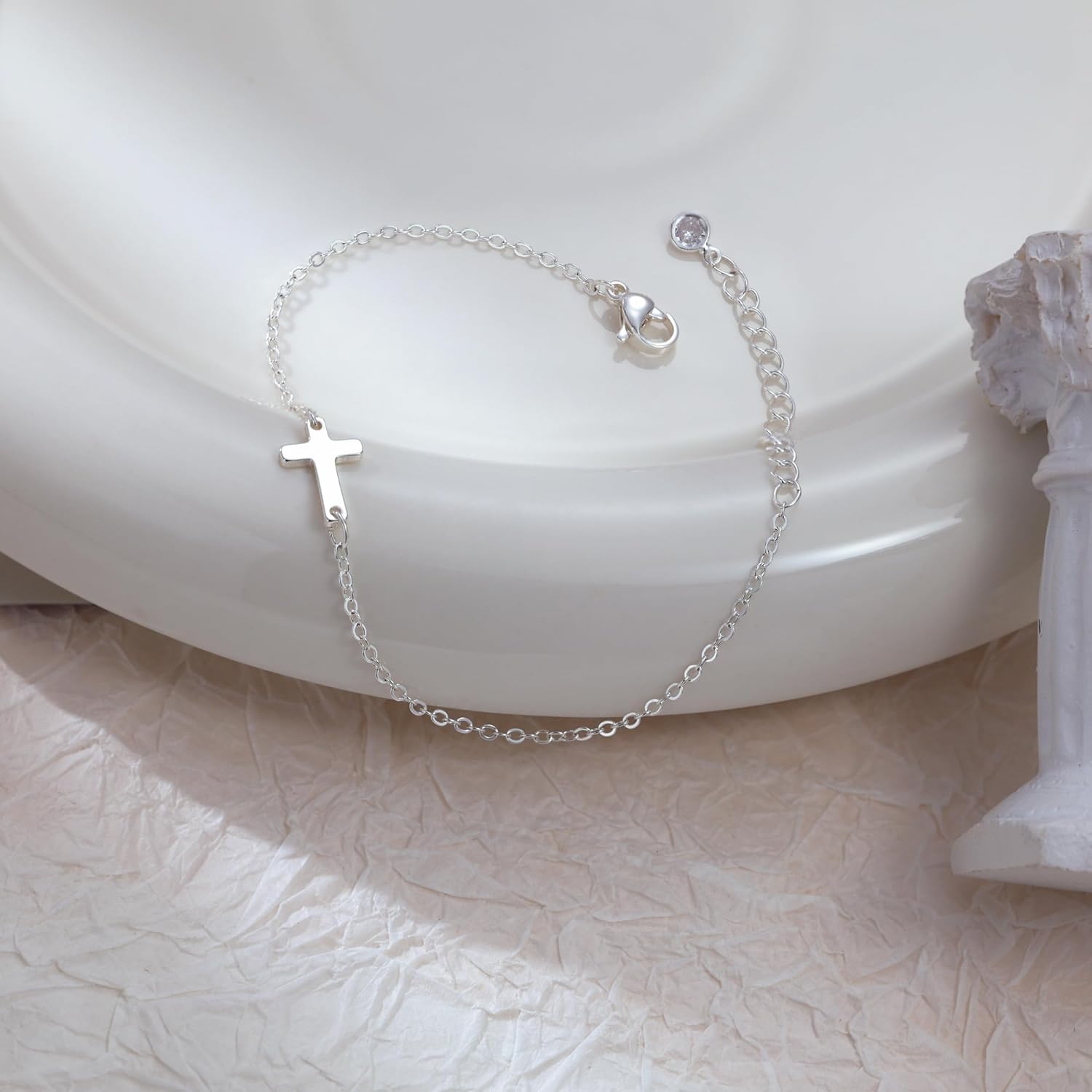 Moodear Valentines Day Gifts for Her, Dainty 925 Sterling Silver/14k Gold Plated CZ Cross Bracelet Layered Snake Pearl Chain Knot Bracelets for Women Trendy Religious Christian Jewelry - Image 5