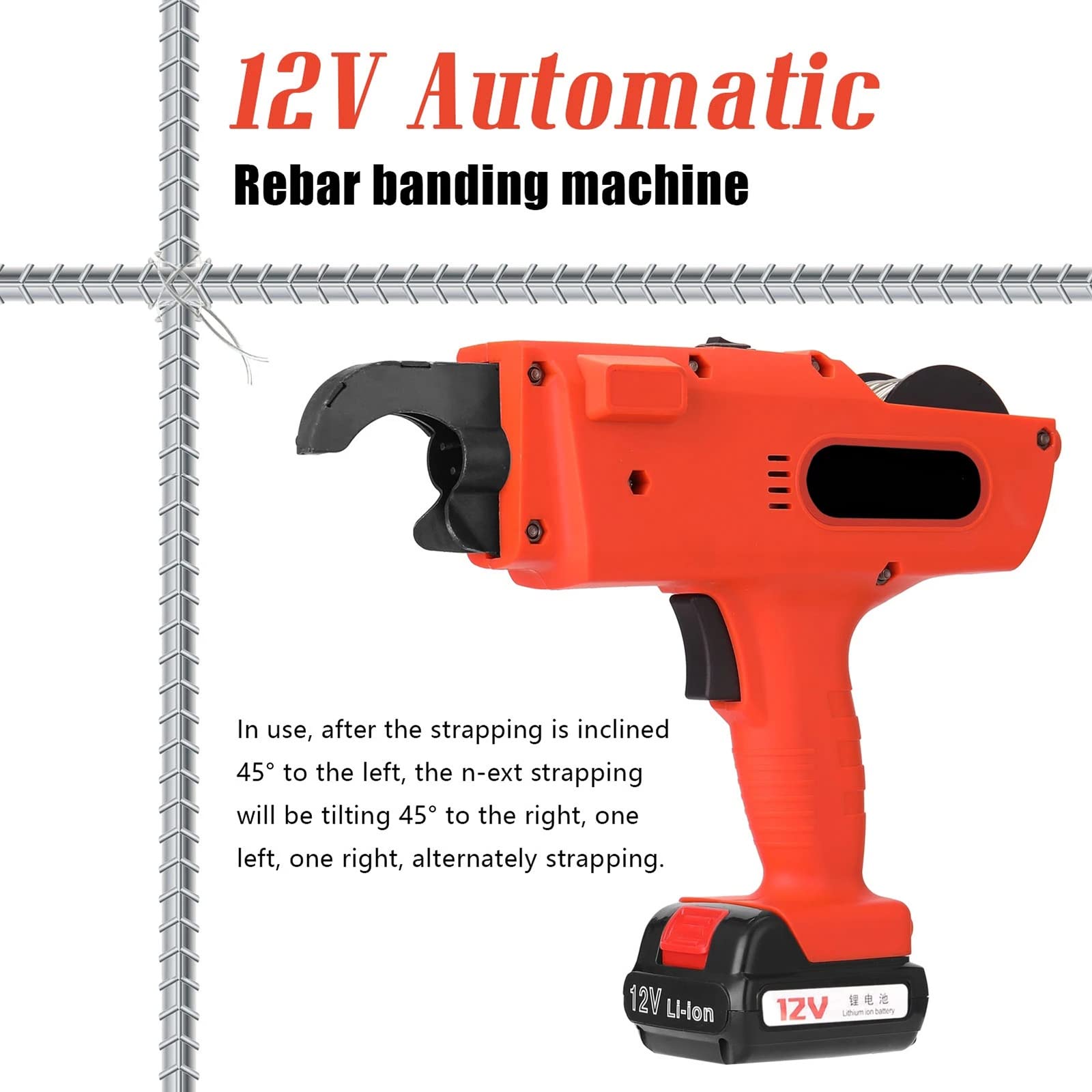 FAXIOAWA Pistola per Legare Tondo per Cemento Armato Automatica da 12 V, 8-34 mm, Senza Fili, Ricaricabile, per Legare Livelli di Tondo per Cemento Armato con 2 batterie