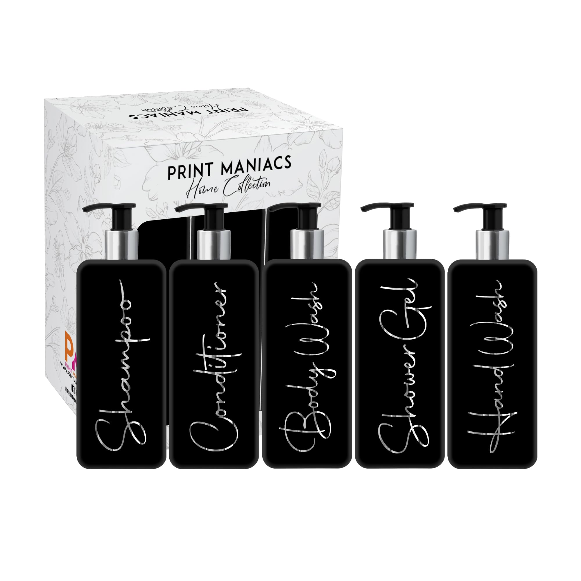Print ManiacsMrs Hinch Inspired Signature Black 500ml Square Reusable Dispenser Bottle Silver Pump Personalised Bathroom Storage Set F2 (Silver