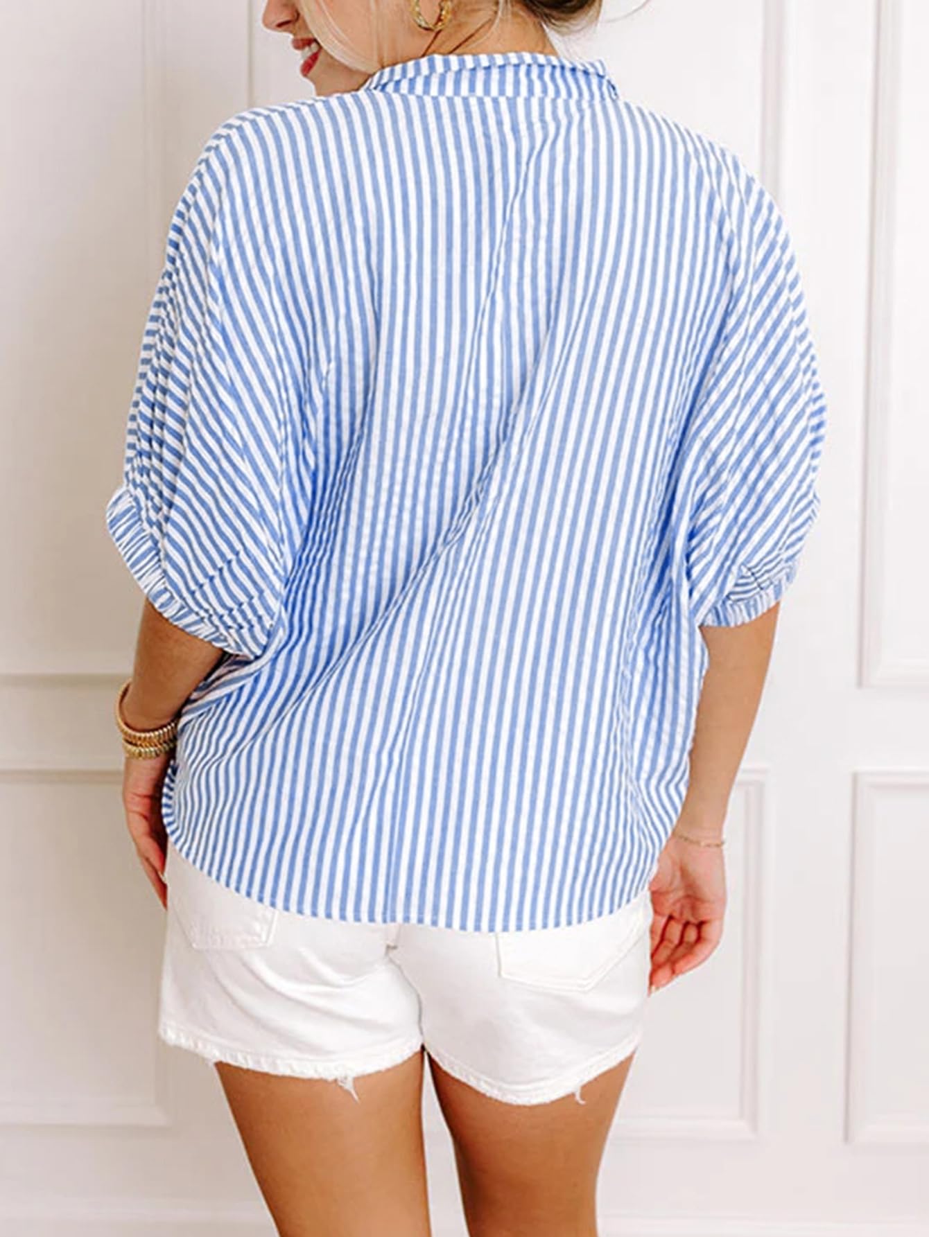 Samefar Womens Short Dolman Sleeve Tops Striped V Neck Summer Casual Loose Fit Blouses Business Tee Shirts Dressy — view 4