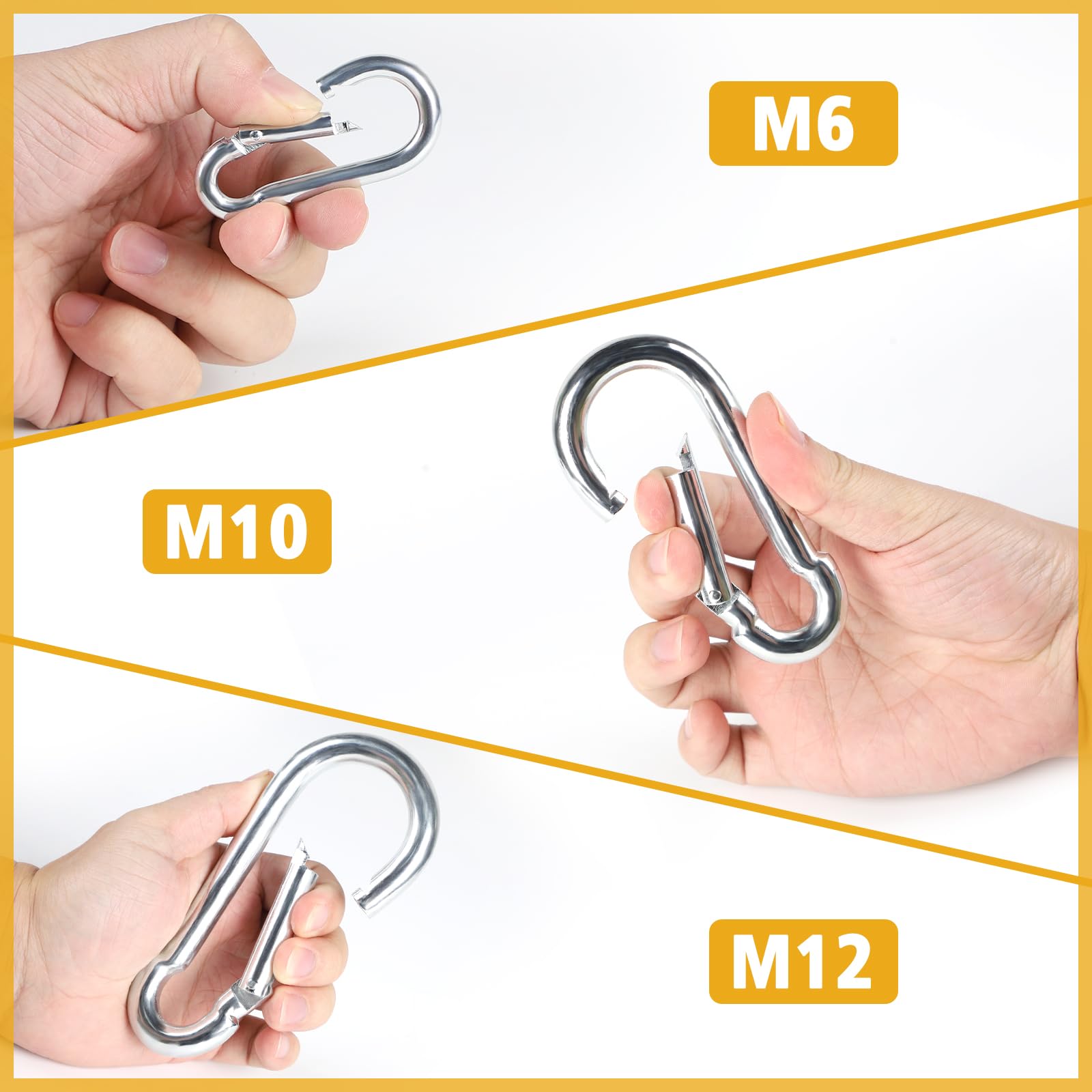 LALAGO Juego de 4 Mosquetones M12-140mm x φ12mm - Mosquetones con Cierre a presión - Carga de hasta 550 kg - Cierre con Resorte con Gancho - Gancho de Resorte para Hamaca, Saco de Boxeo, etc.