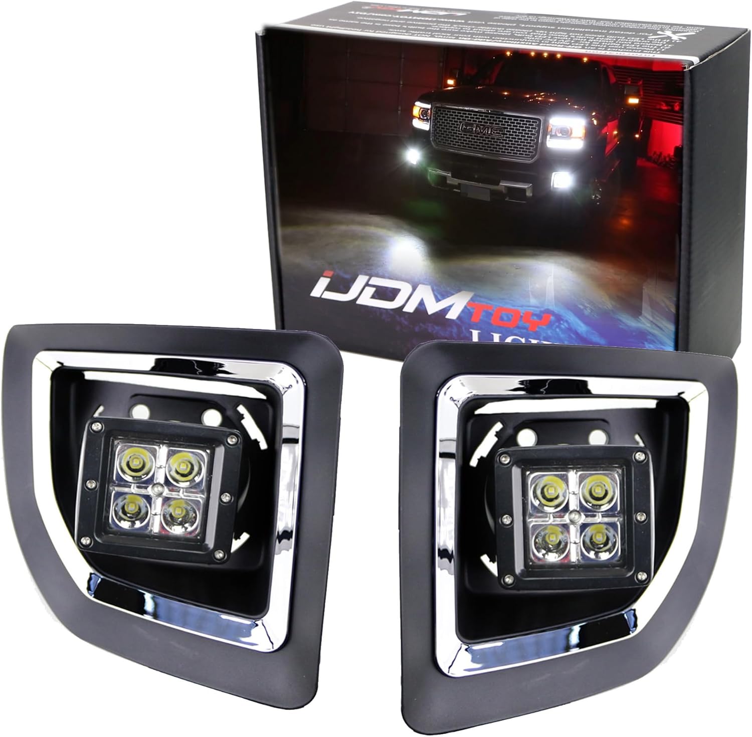 iJDMTOY White LED Pod Light Fog Lamps Compatible with 2015-19 GMC Sierra 2500 3500 HD, Includes 20W High Power LED Cubes, Foglight Bezel Covers, Fog Location Mounting Brackets & Switch Wiring