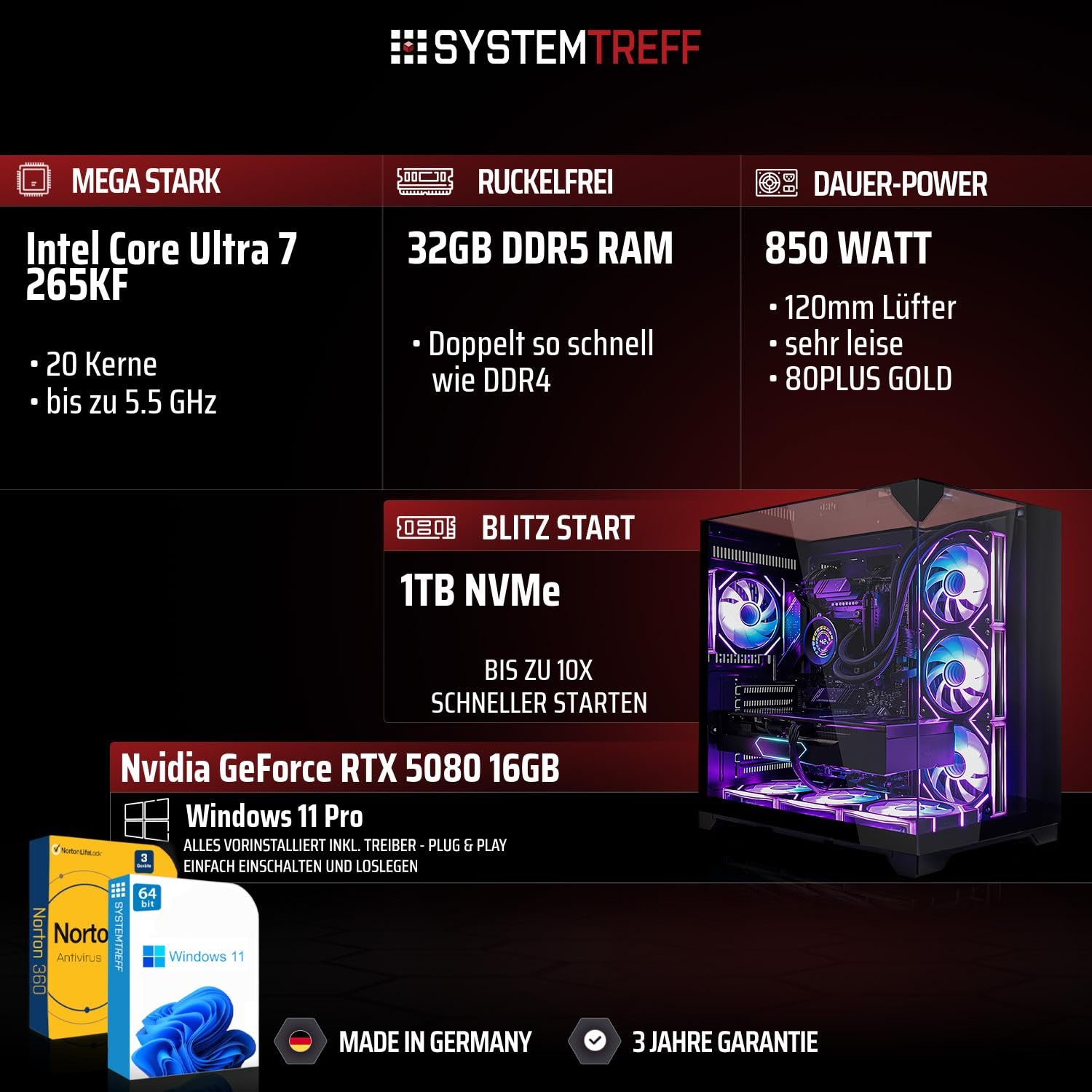 SYSTEMTREFF High-End Gaming PC Intel Core Ultra 7 265KF 8x5.5GHz | Nvidia RTX 5080 16GB | 1TB M.2 NVMe | 32GB DDR5 RAM | Windows 11 | Desktop Computer Rechner für Gamer, Zocker & Streamer