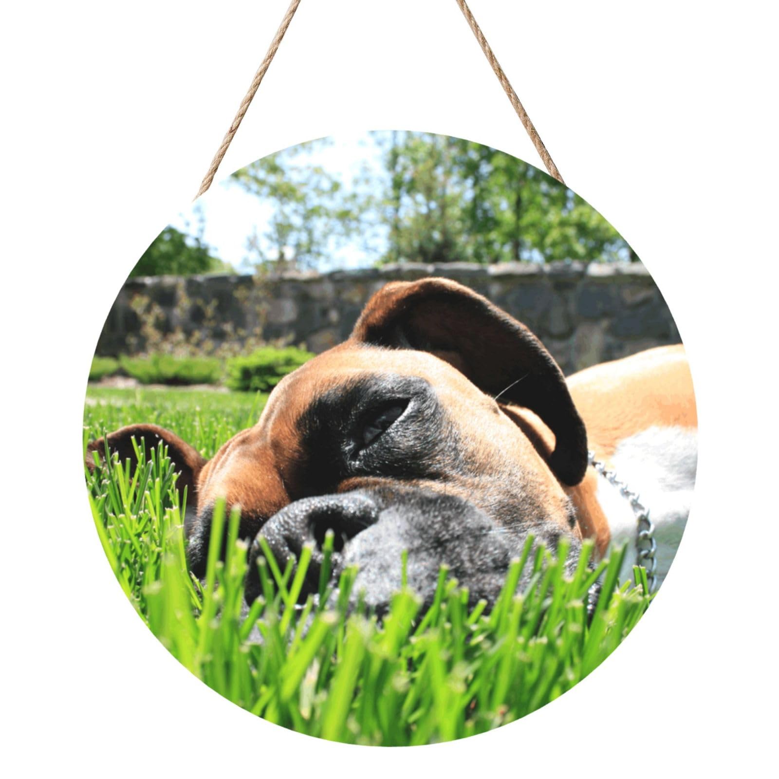 InOmak Boxer Dogs Green Pets Lawn Dogs, Round Wood Panel Painting 12 in, Wall Hanging Painting For Home