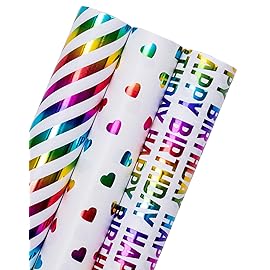 WRAPAHOLIC Heart Wrapping Paper Roll - Mini Roll - 3 Rolls - 17 inch x 120 inch Per roll - Colorful Foil Birthday Wrapping Paper for Valentine\'s Day, Kids Girls Birthday, Baby Shower