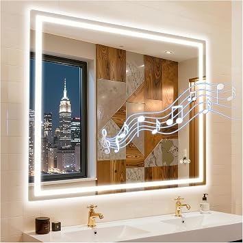 40"x32" LED Bathroom Mirror with Speakers, Anti-Fog Wall Mounted Vanity Mirror, Smart Backlit Makeup Design, 3 Color Dimmable Memory, Shatterproof Tempered Glass White