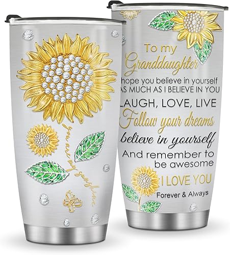 Jekeno Vasos de girasol para nieta de parte de la abuela, vaso de acero inoxidable de 20 onzas, regalo para nieta, ideas de regalo de cumpleaños,